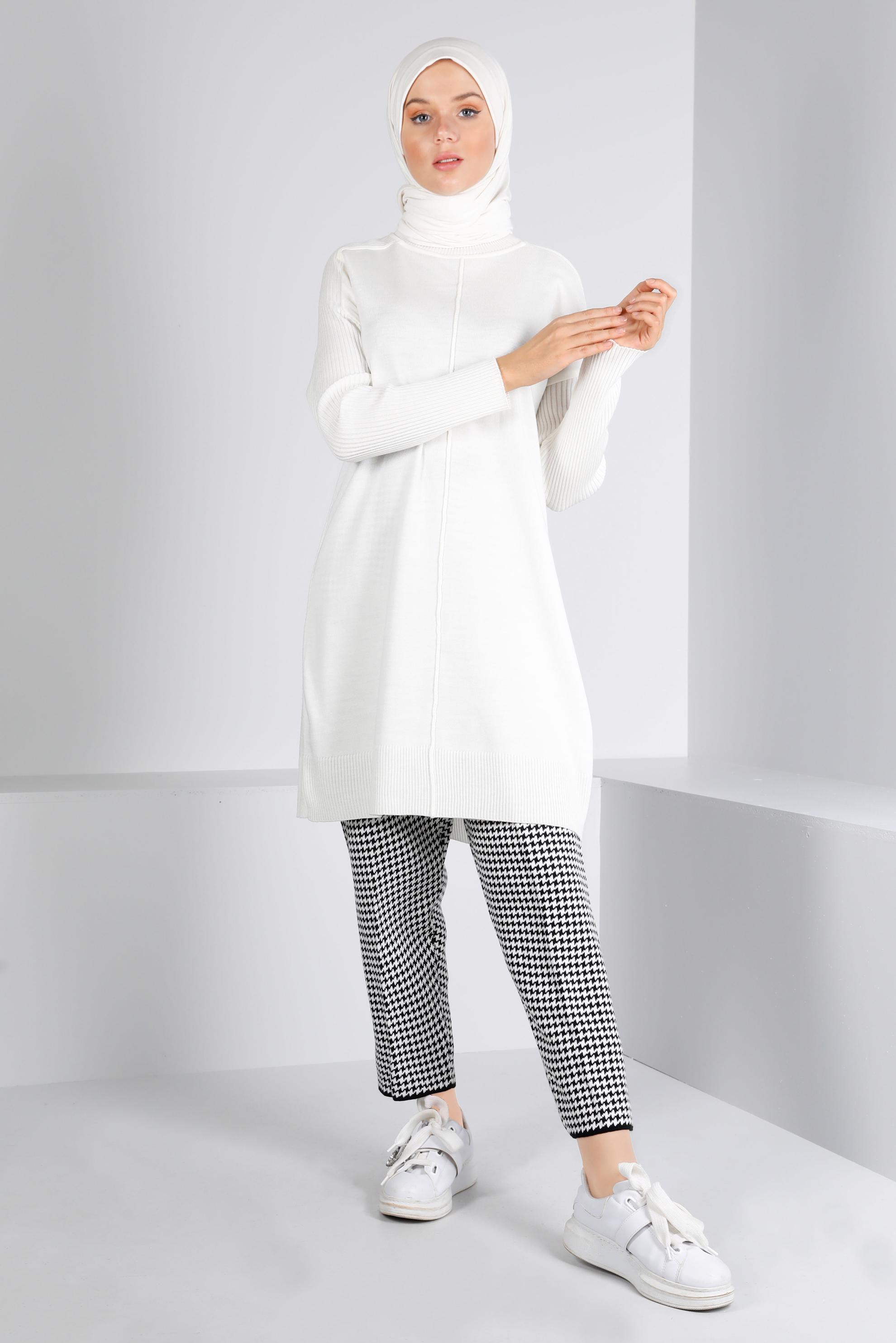 Tesettür giyim SİYAH KAZAYAĞI DESENLİ TRİKO PANTOLON 70433 