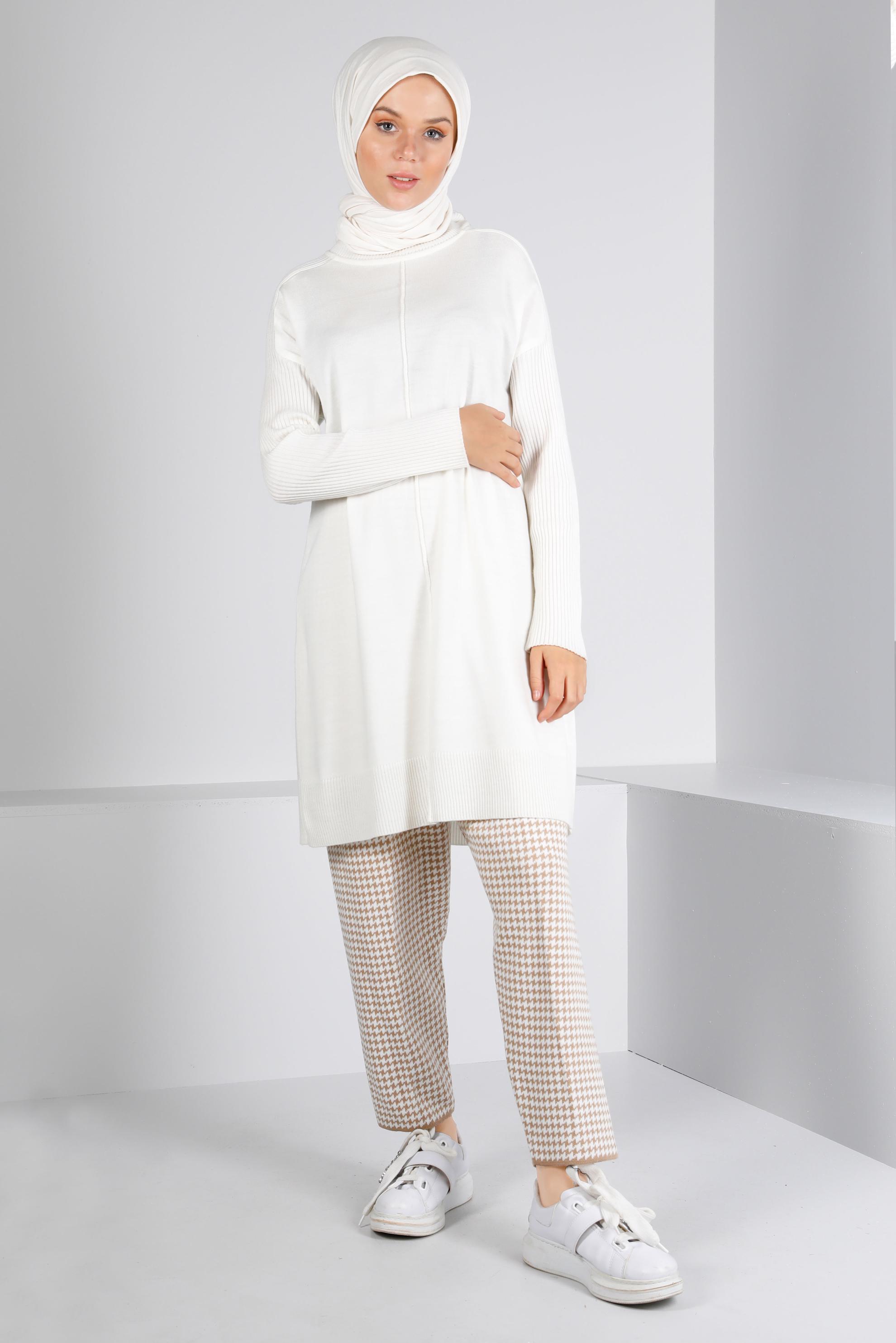 Tesettür giyim KAHVE KAZAYAĞI DESENLİ TRİKO PANTOLON 70433 