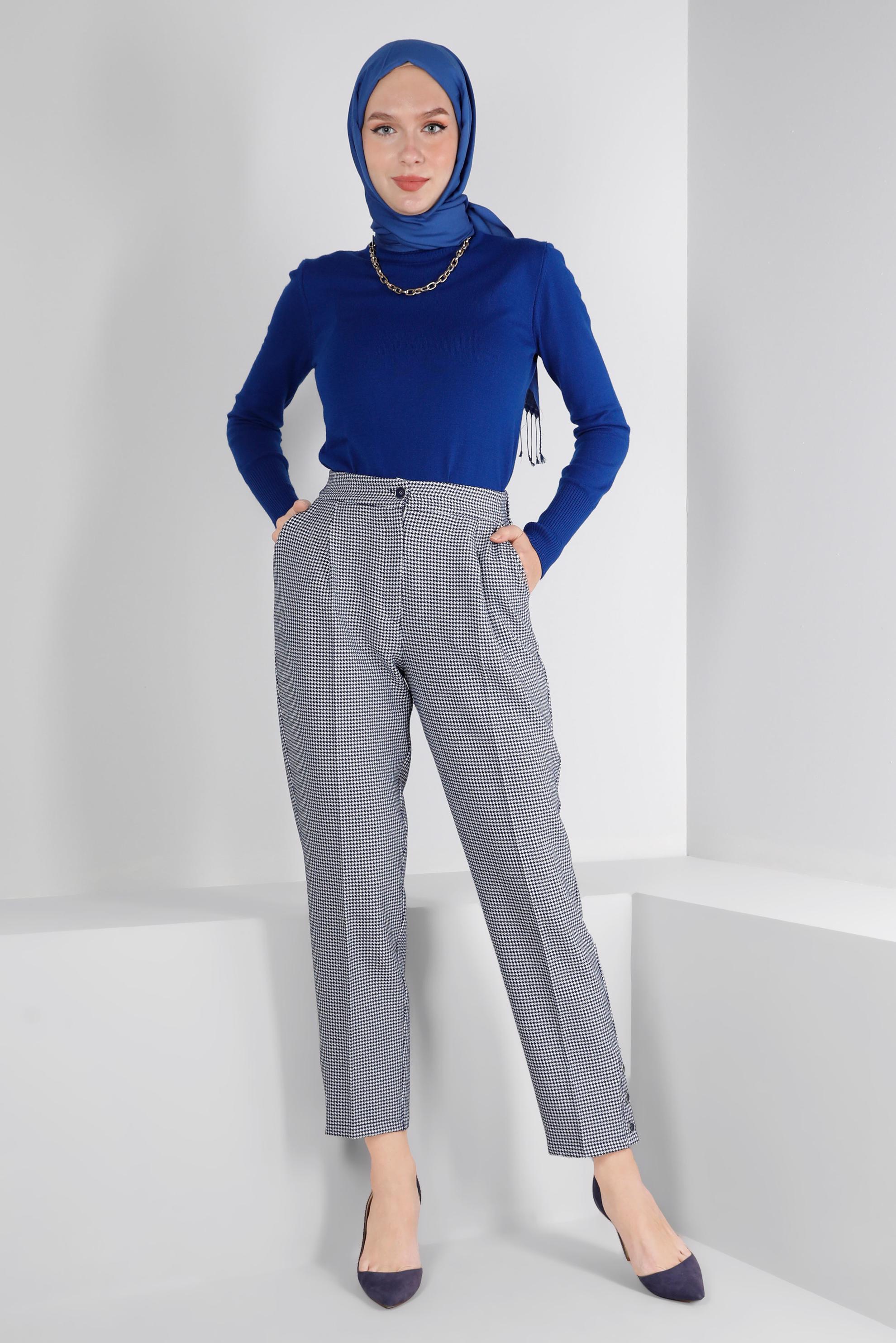 Tesettür giyim LACİVERT KAZAYAĞI DESENLİ KLASİK PANTOLON 70437 