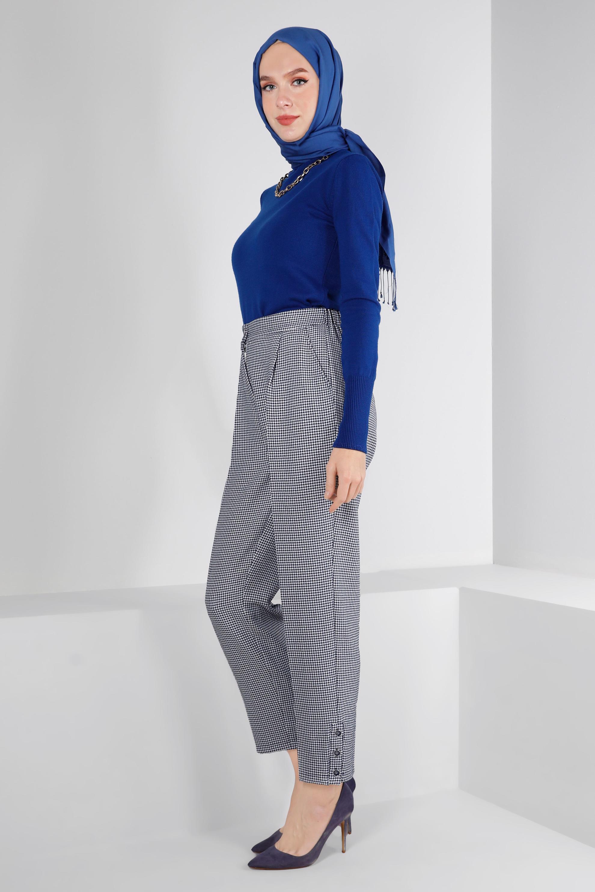Tesettür giyim LACİVERT KAZAYAĞI DESENLİ KLASİK PANTOLON 70437 