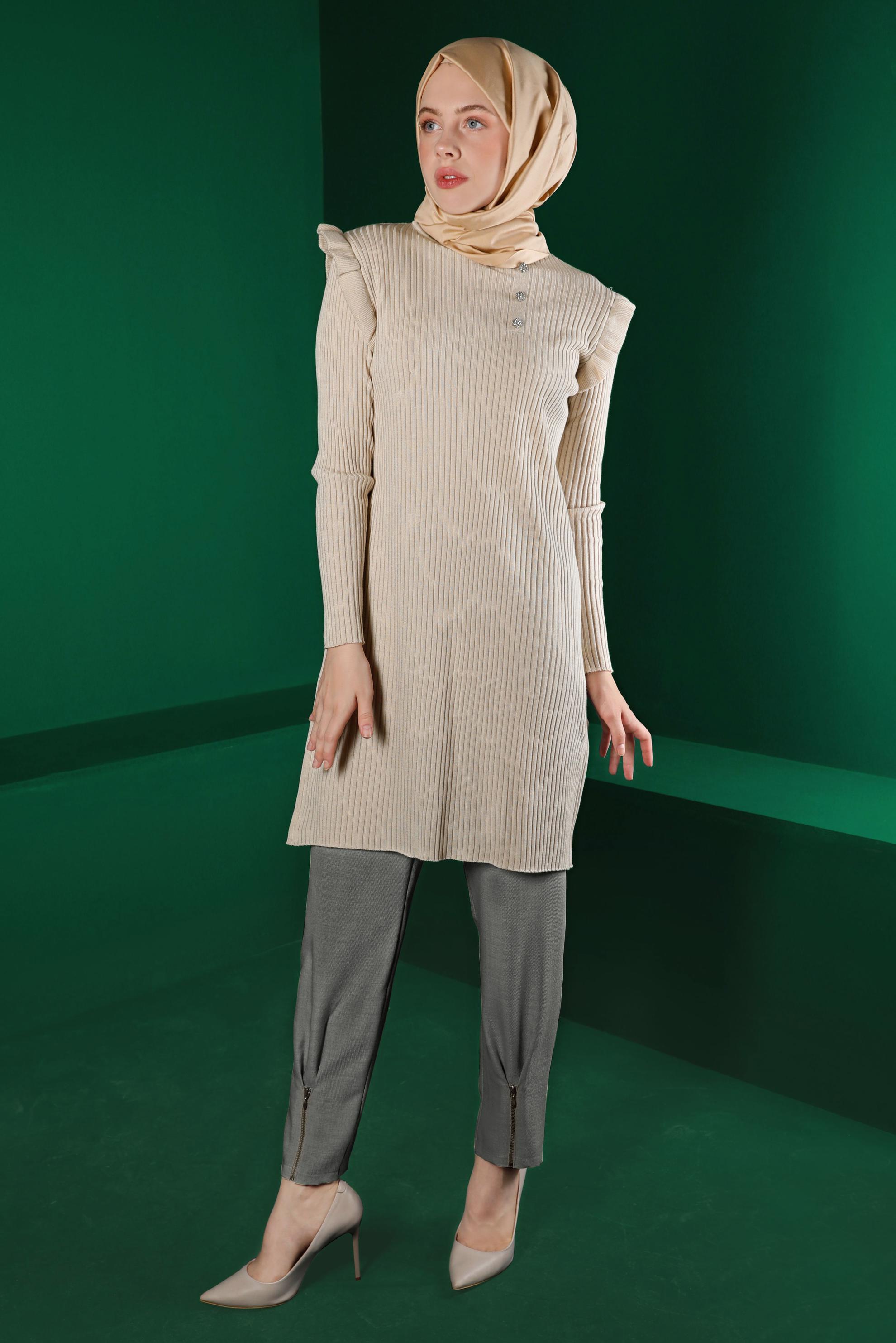 Tesettür giyim GRİ PAÇASI FERMUAR DETAYLI PANTOLON 70438