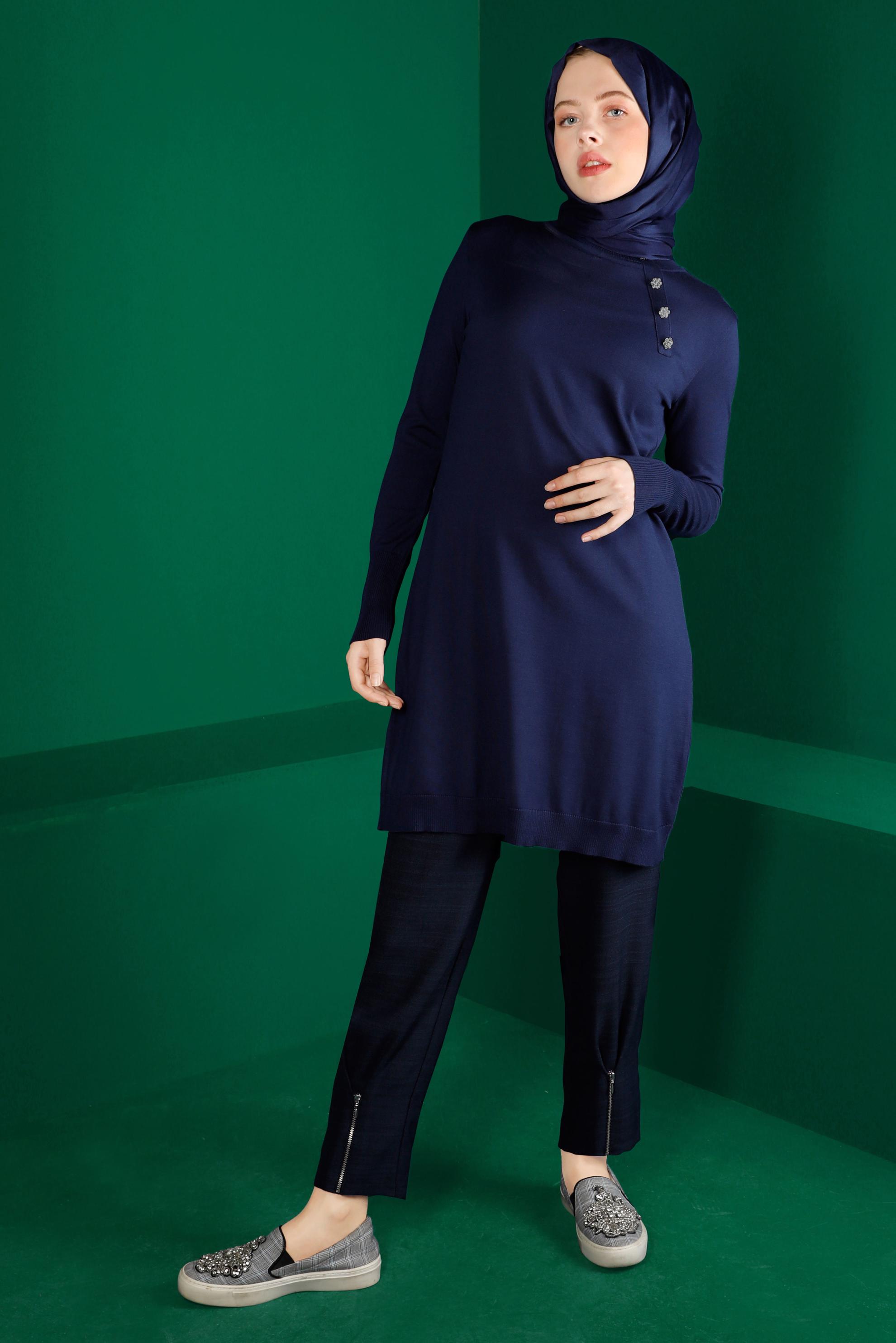 Tesettür giyim LACİVERT PAÇASI FERMUAR DETAYLI PANTOLON 70438