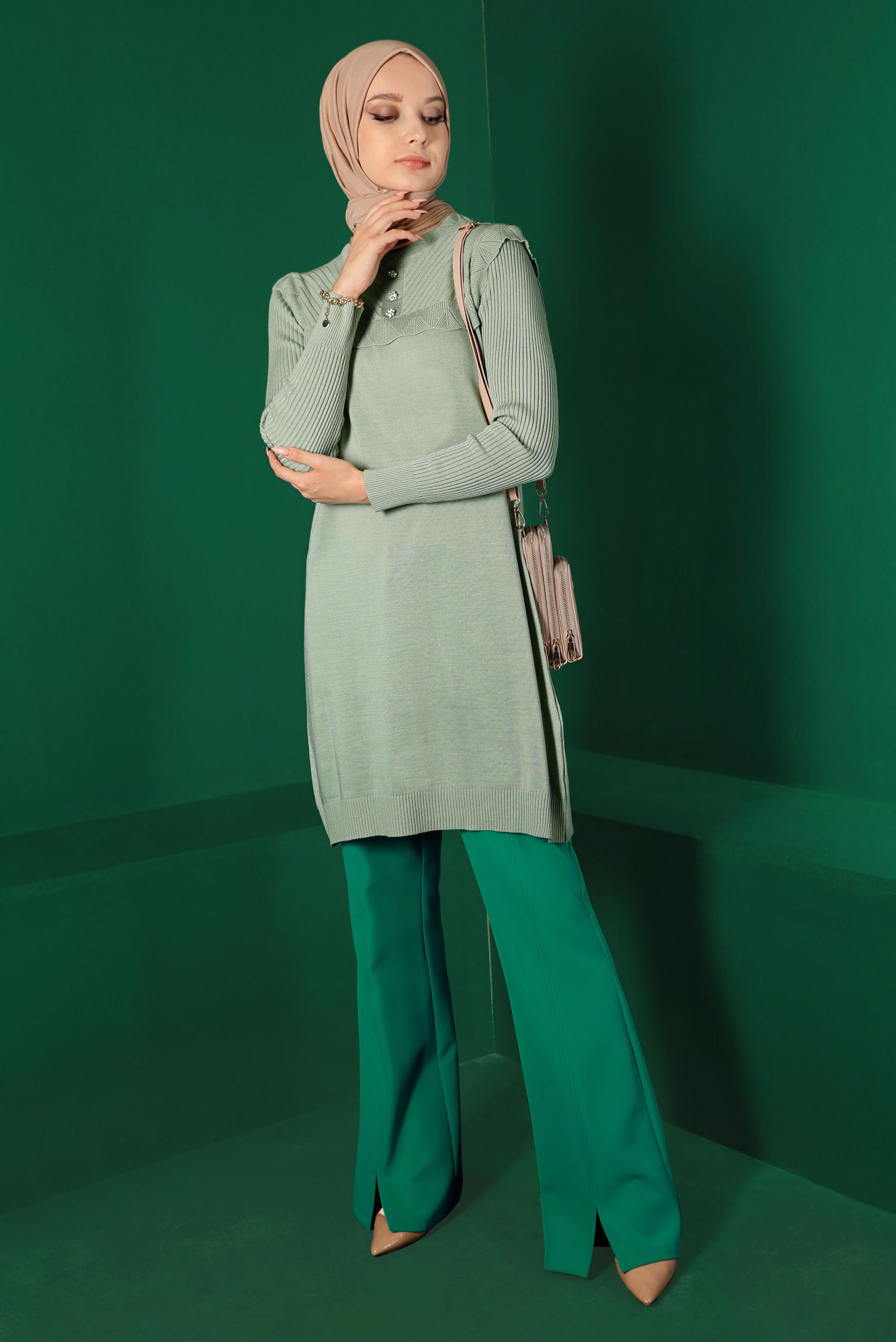 Tesettür giyim YEŞİL YIRTMAÇ DETAYLI PANTOLON 70439 