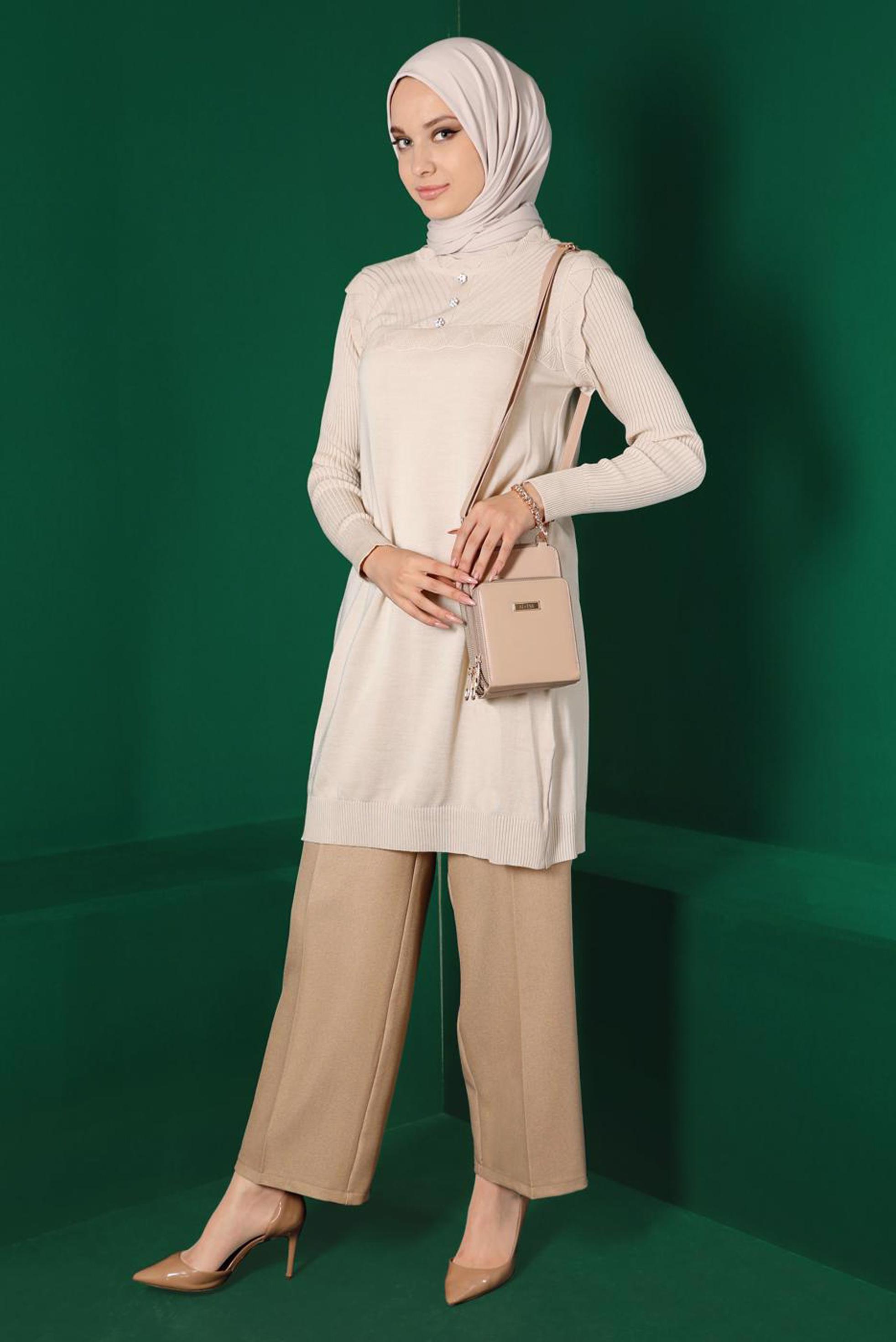 Tesettür giyim KAHVE PİLE DETAYLI KLASİK PANTOLON 70442