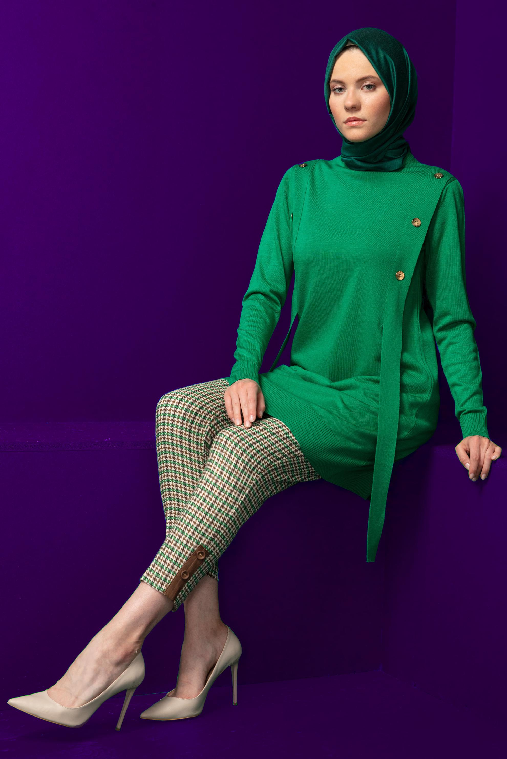 Tesettür giyim YEŞİL KAZAYAĞI DESENLİ PANTOLON 70443	