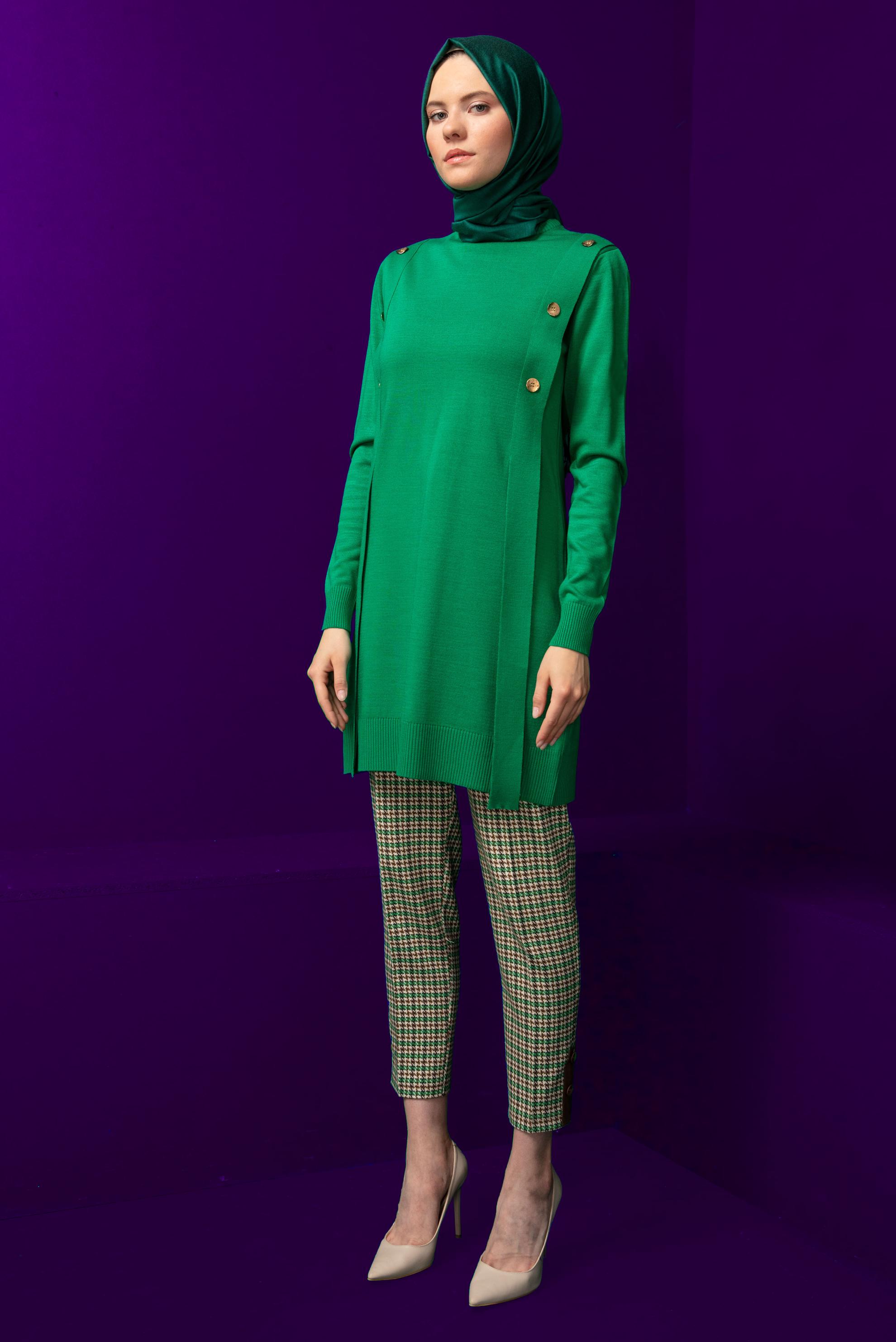 Tesettür giyim YEŞİL KAZAYAĞI DESENLİ PANTOLON 70443	