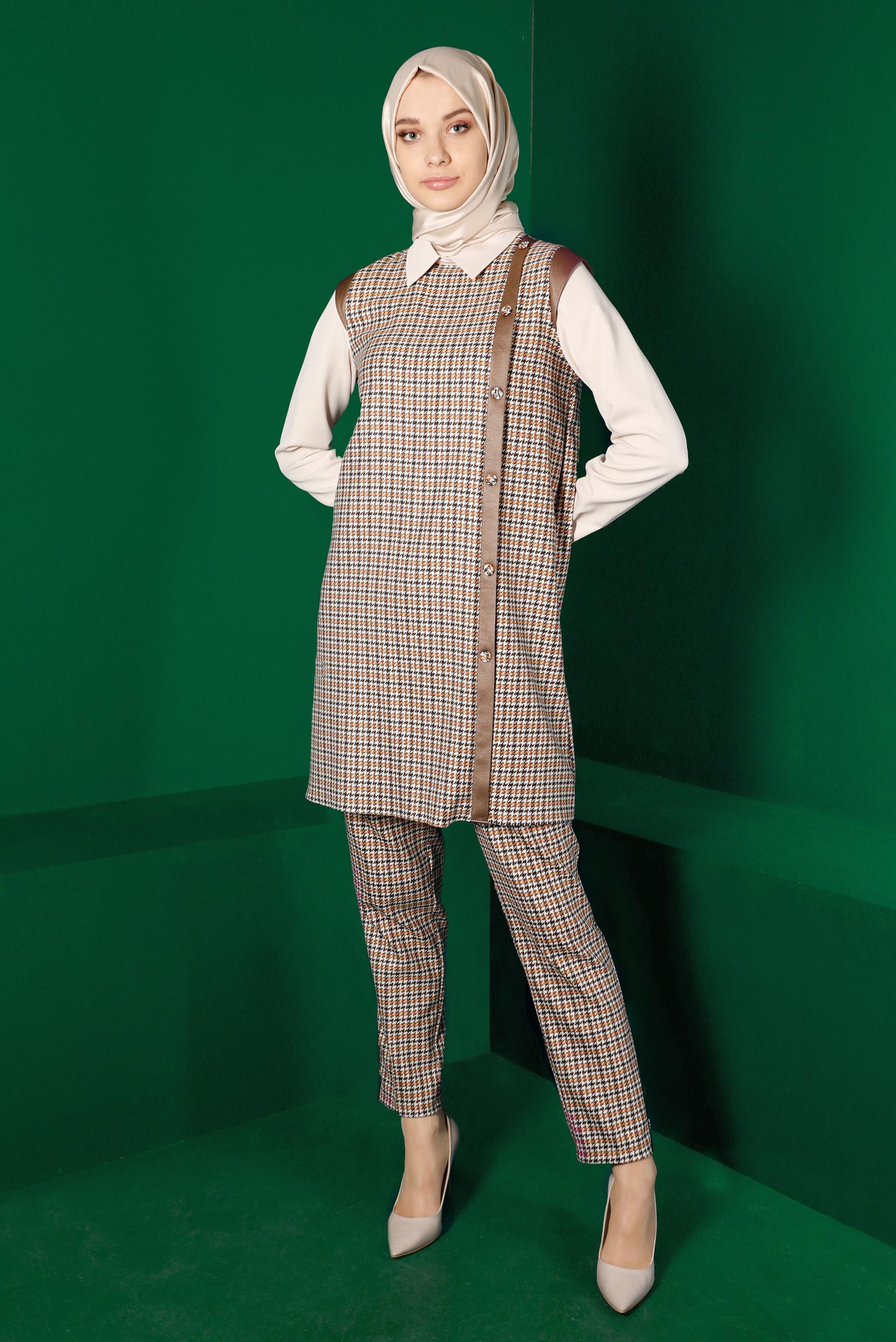 Tesettür giyim TURUNCU KAZAYAĞI DESENLİ PANTOLON 70443	