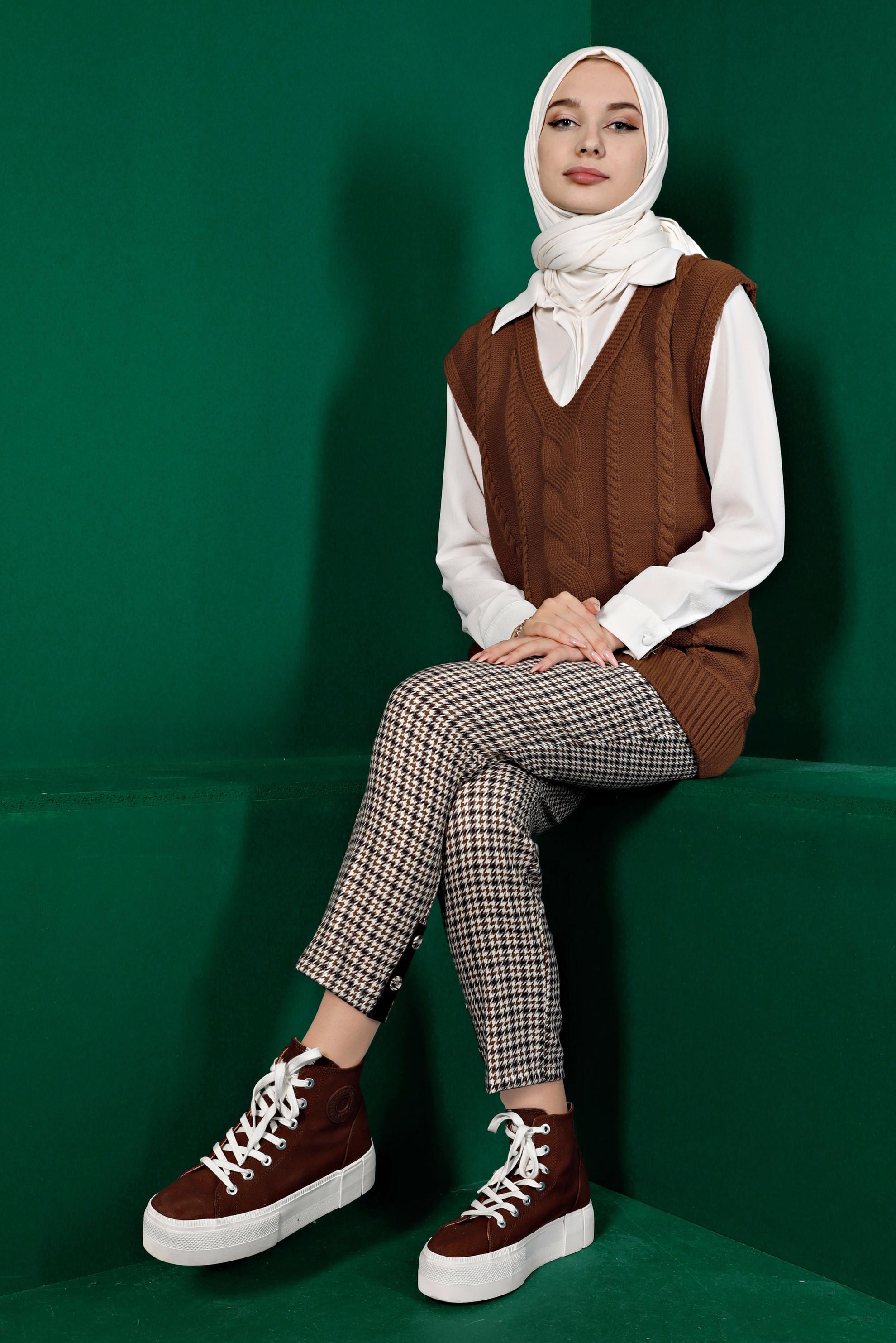 Tesettür giyim VİZON KAZAYAĞI DESENLİ PANTOLON 70443	