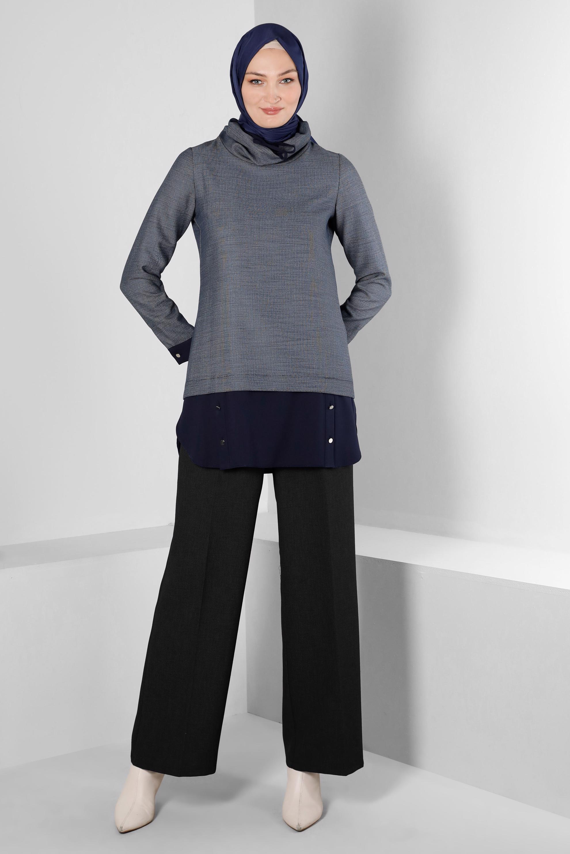 Tesettür giyim SİYAH PİLE DETAYLI KLASİK PANTOLON 70444 