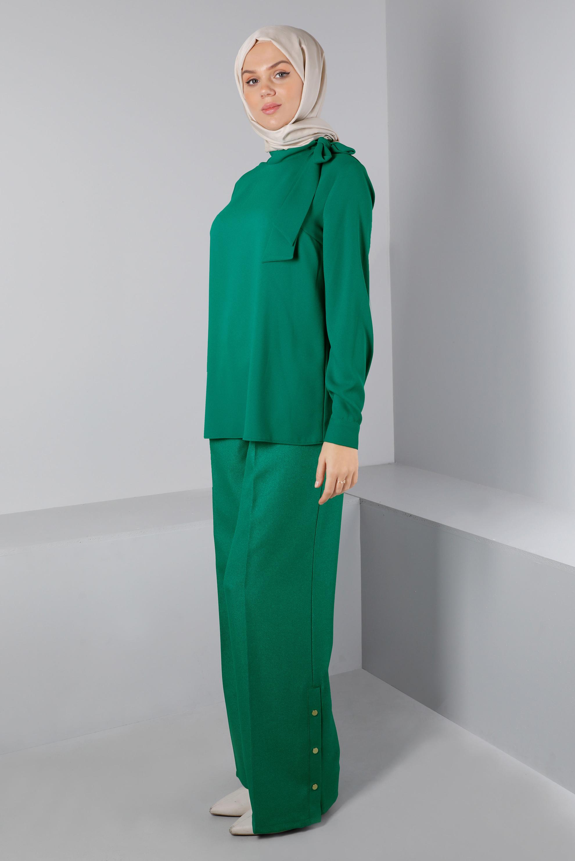 Tesettür giyim YEŞİL ÇITÇIT DETAYLI BOL KESİM PANTOLON 70445 