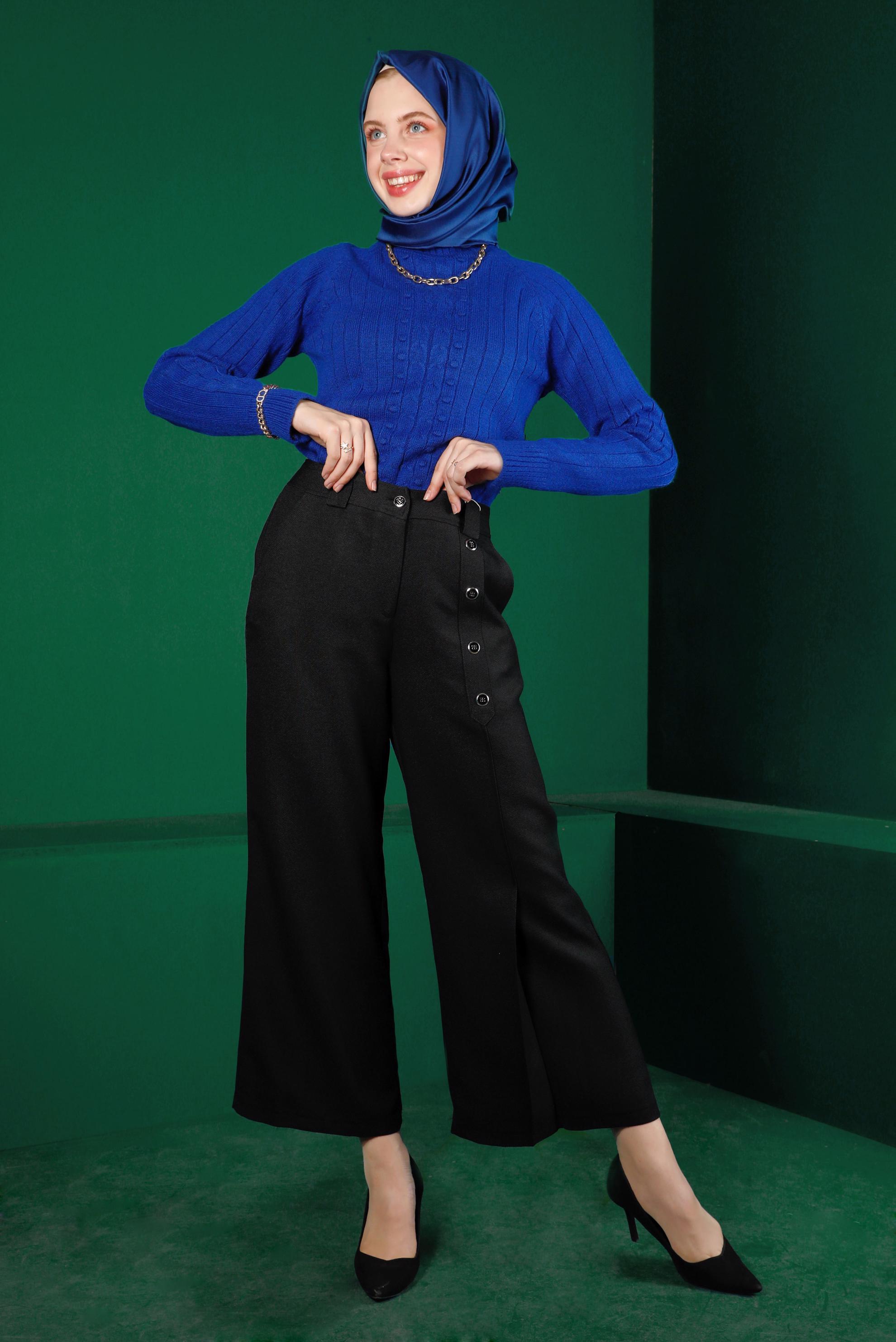 Tesettür giyim SİYAH PİLE DETAYLI DÜĞMELİ PANTOLON 70447 