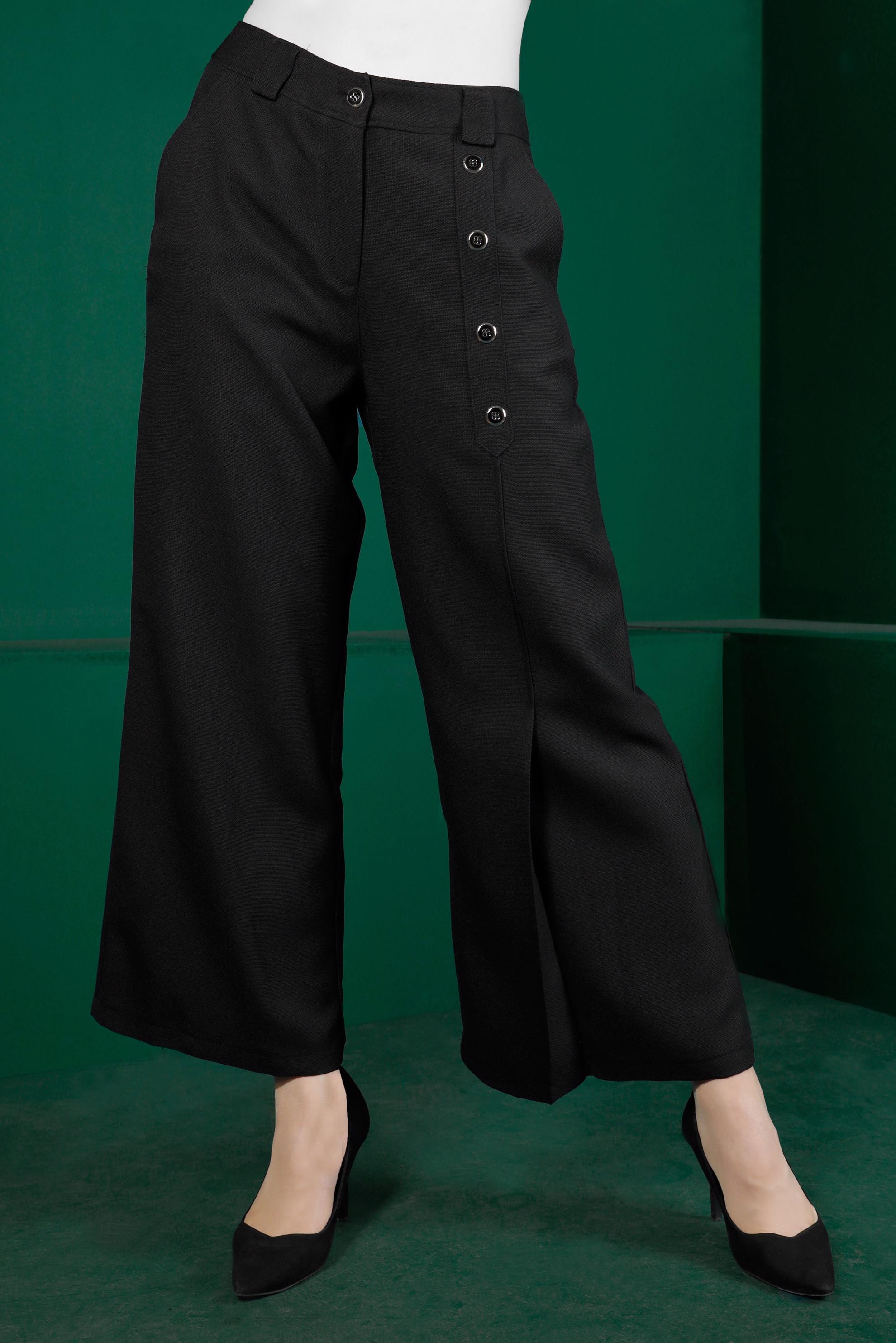 Tesettür giyim SİYAH PİLE DETAYLI DÜĞMELİ PANTOLON 70447 