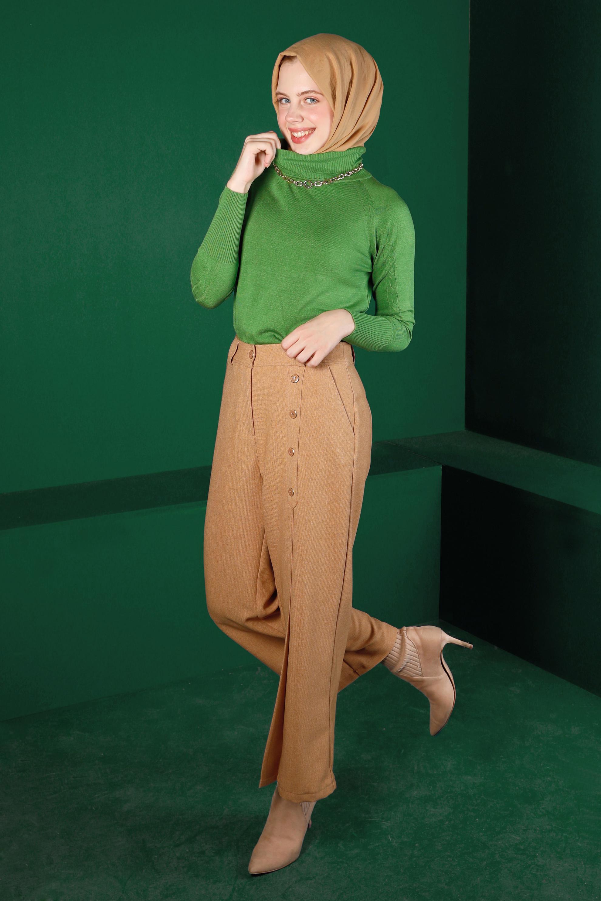 Tesettür giyim KAHVE PİLE DETAYLI DÜĞMELİ PANTOLON 70447 