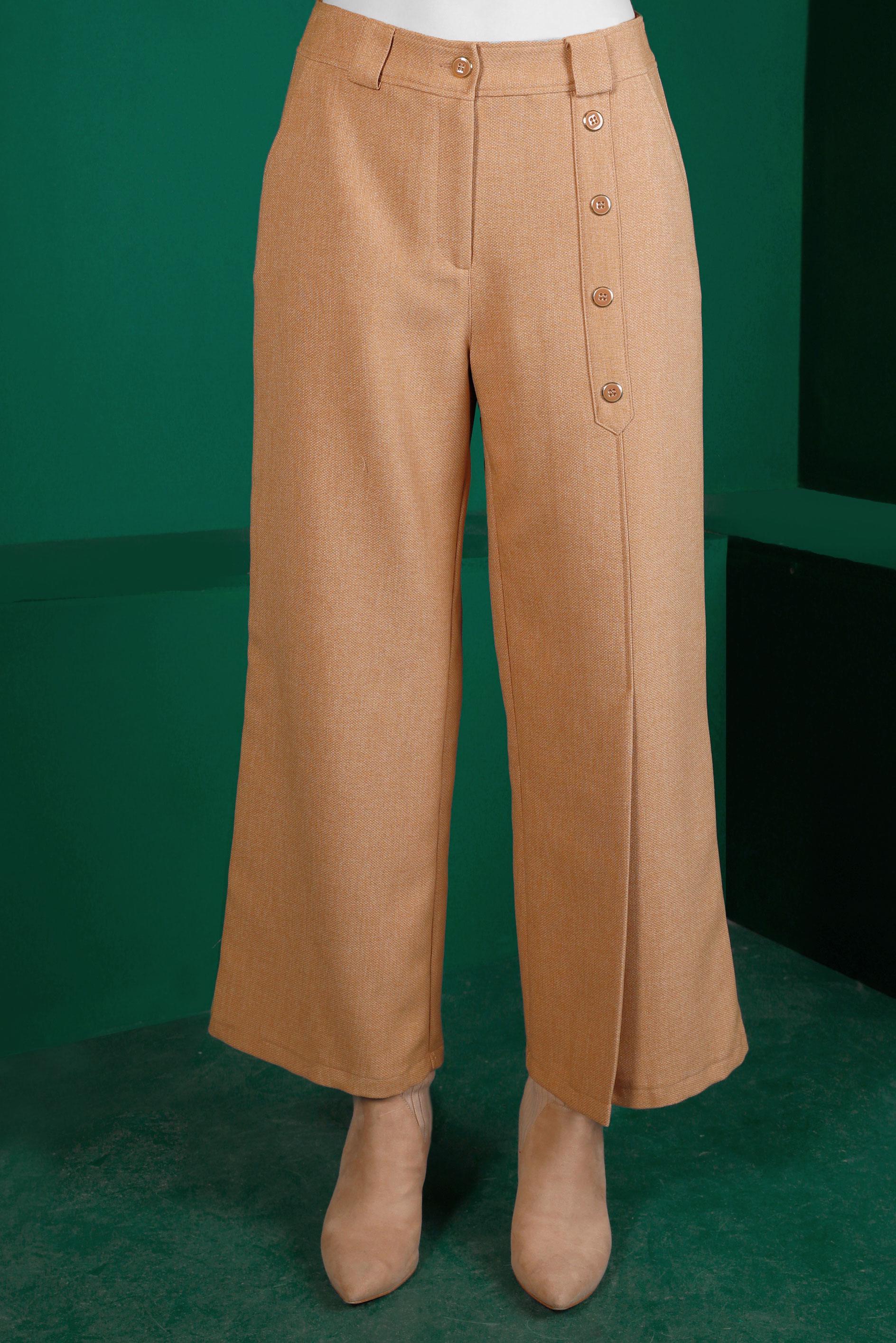 Tesettür giyim KAHVE PİLE DETAYLI DÜĞMELİ PANTOLON 70447 