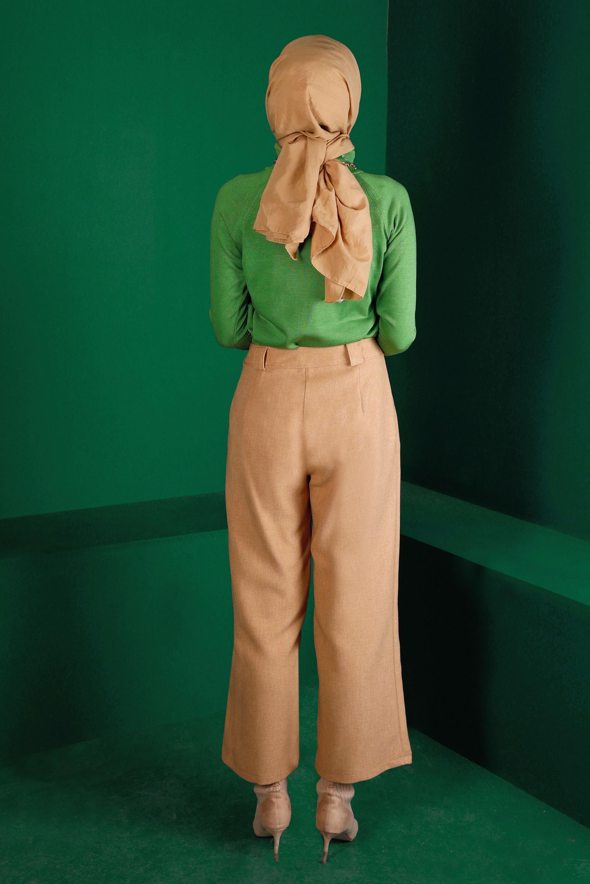 Tesettür giyim KAHVE PİLE DETAYLI DÜĞMELİ PANTOLON 70447 