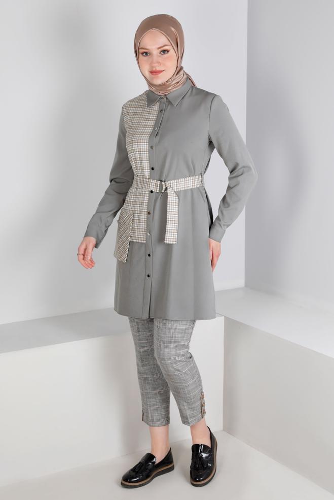 Tesettür giyim  DÜĞME DETAYLI EKOSE PANTOLON 70448 - ALVİNA