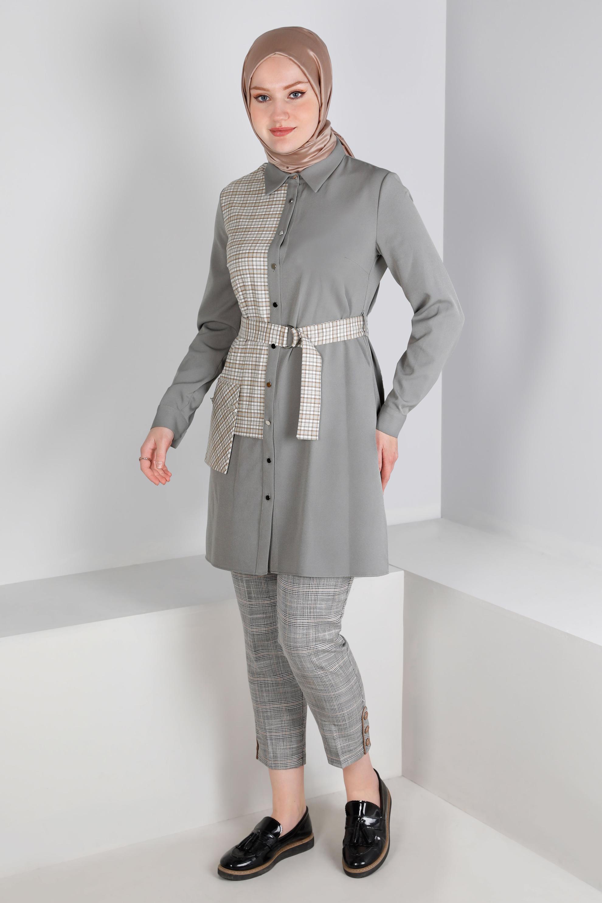 Tesettür giyim SİYAH DÜĞME DETAYLI EKOSE PANTOLON 70448