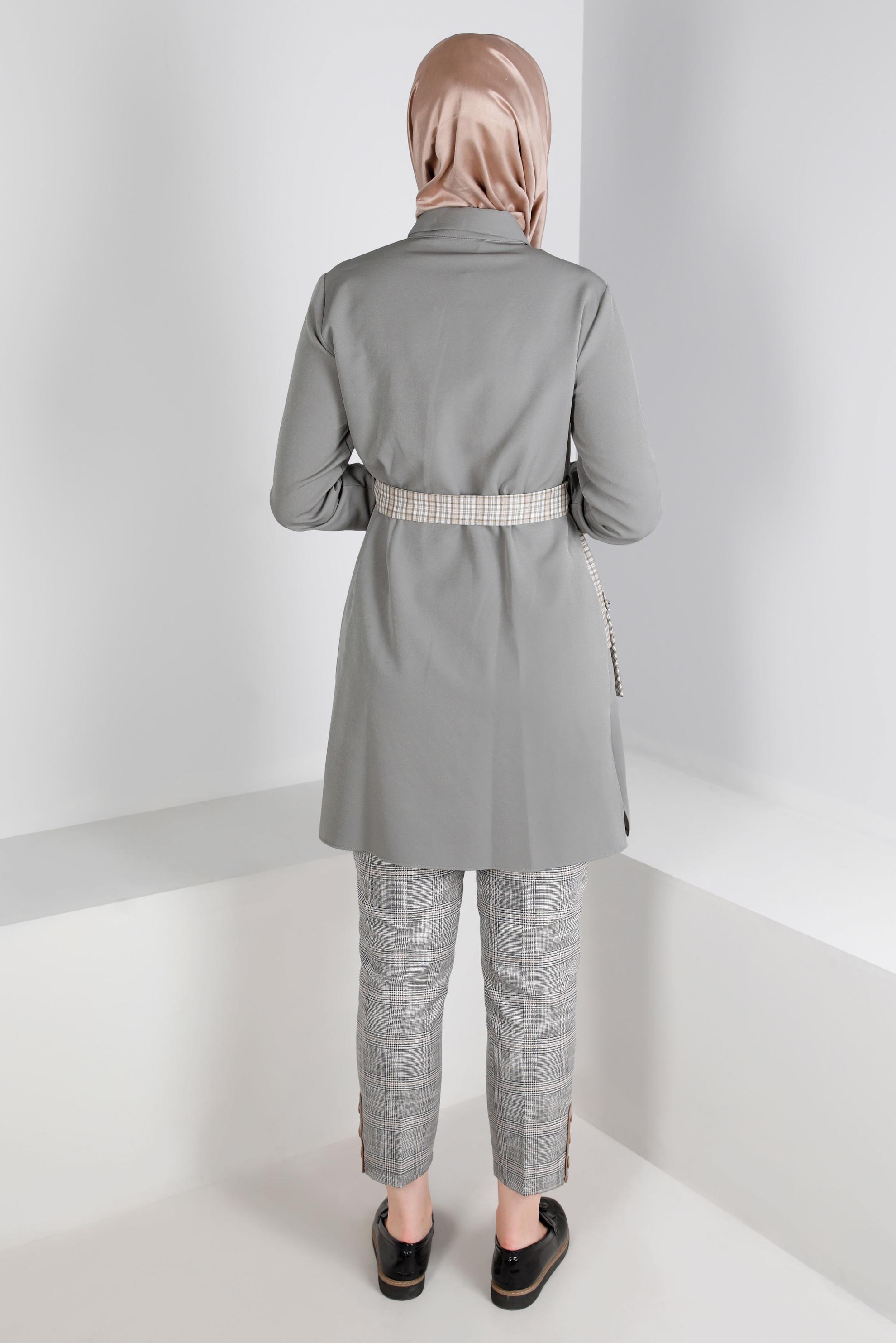 Tesettür giyim SİYAH DÜĞME DETAYLI EKOSE PANTOLON 70448