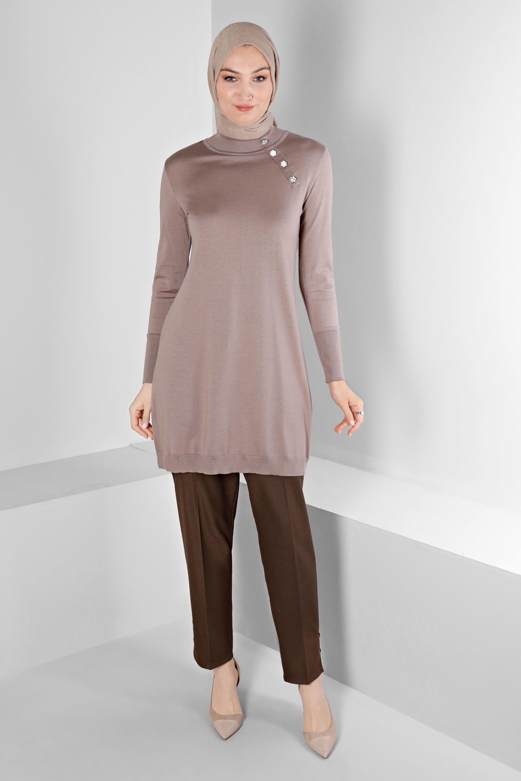 Tesettür giyim KAHVE KUŞGÖZÜ DETAYLI KLASİK KESİM PANTOLON 70449 