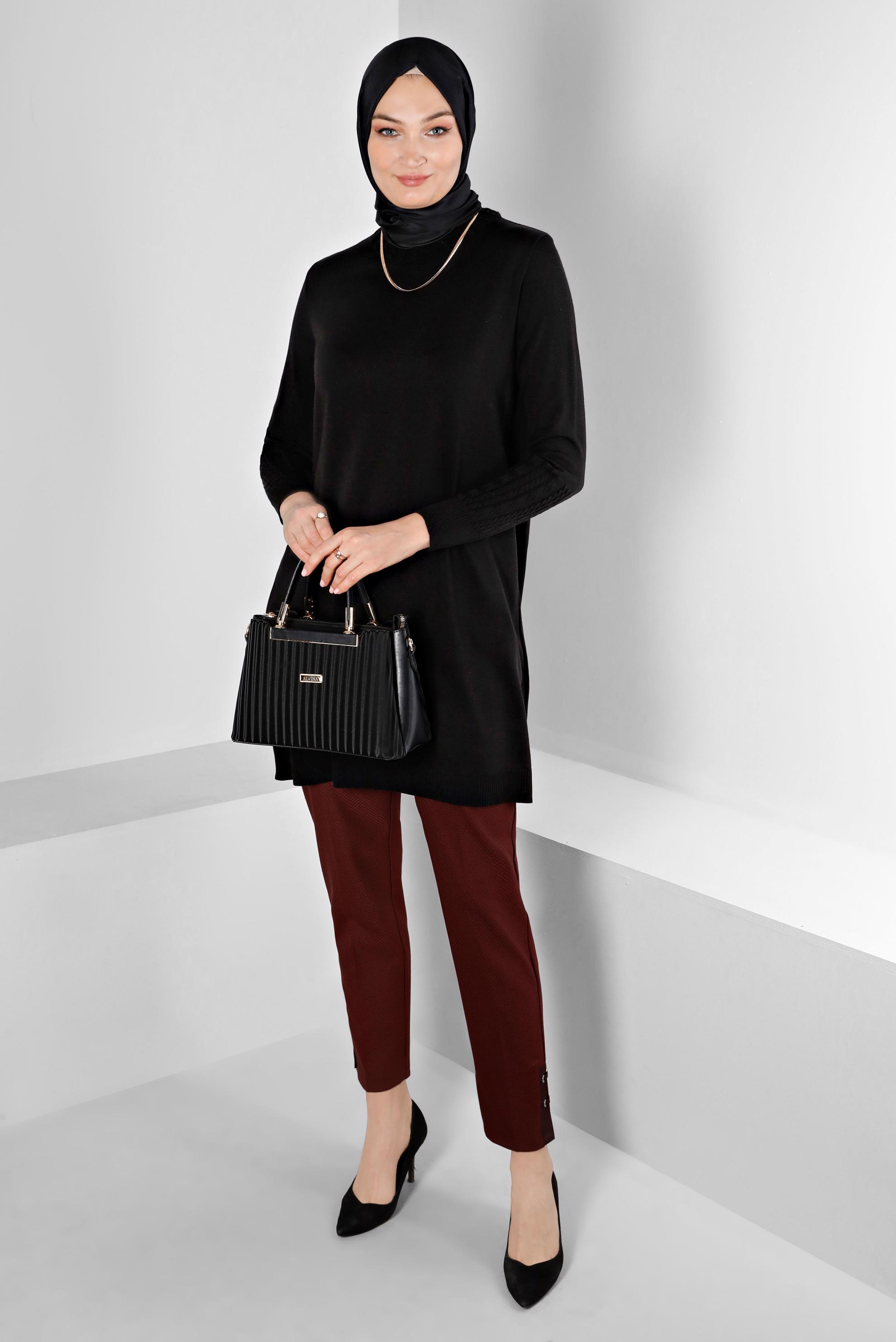 Tesettür giyim TURUNCU KUŞGÖZÜ DETAYLI KLASİK KESİM PANTOLON 70449 