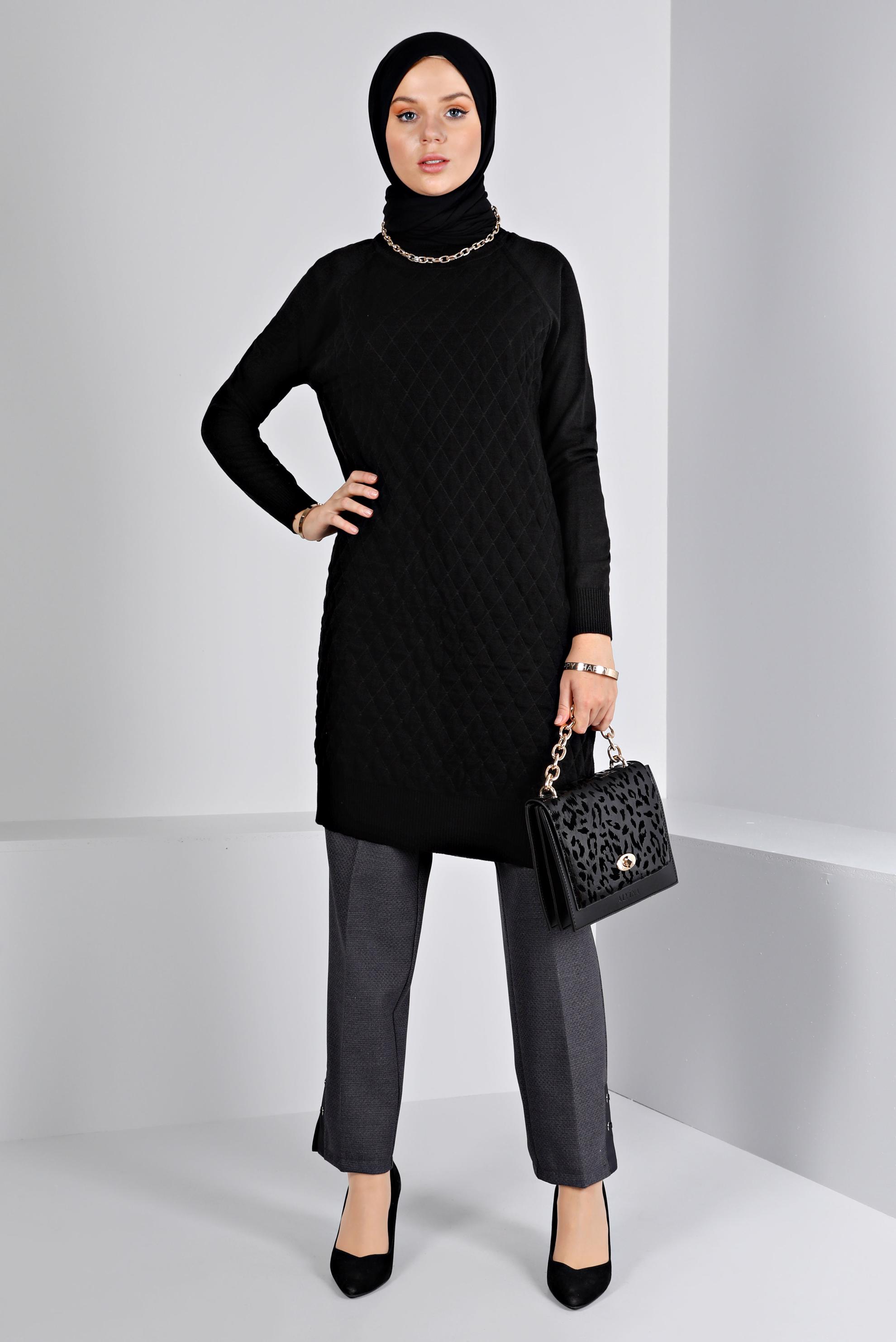 Tesettür giyim GRİ KUŞGÖZÜ DETAYLI KLASİK KESİM PANTOLON 70449 