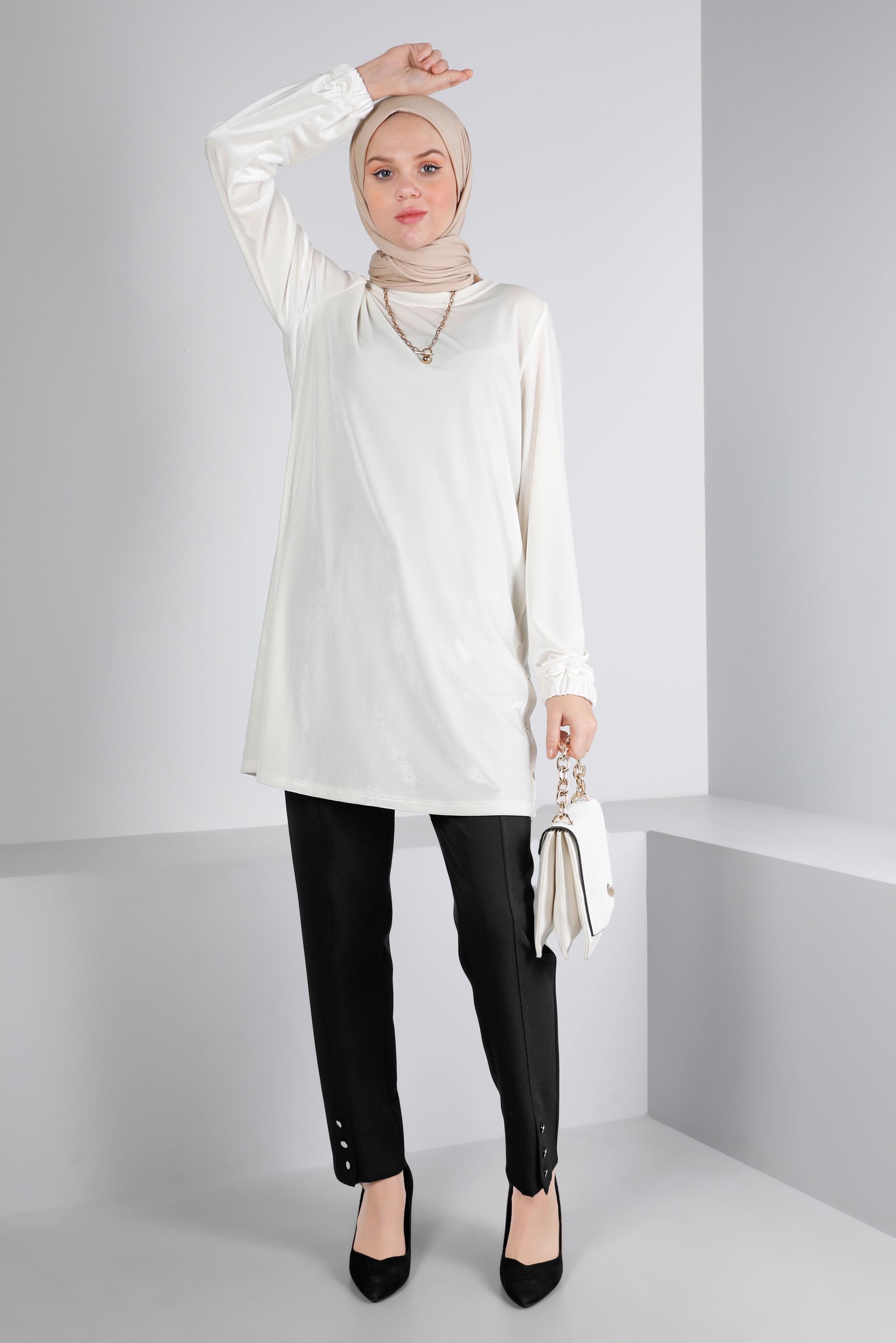 Tesettür giyim SİYAH PAÇASI DÜĞME DETAYLI PANTOLON 70451