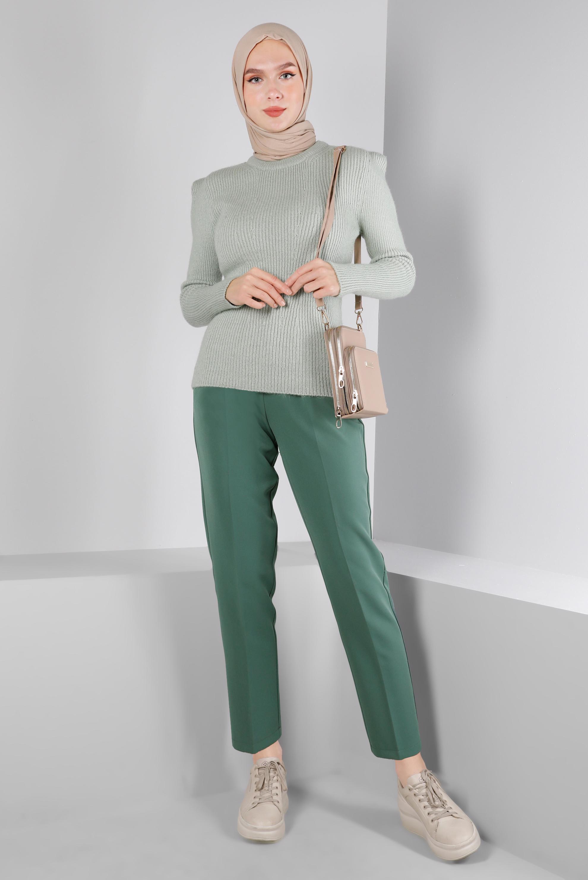 Tesettür giyim YEŞİL BELİ LASTİKLİ CEPLİ PANTOLON 70452