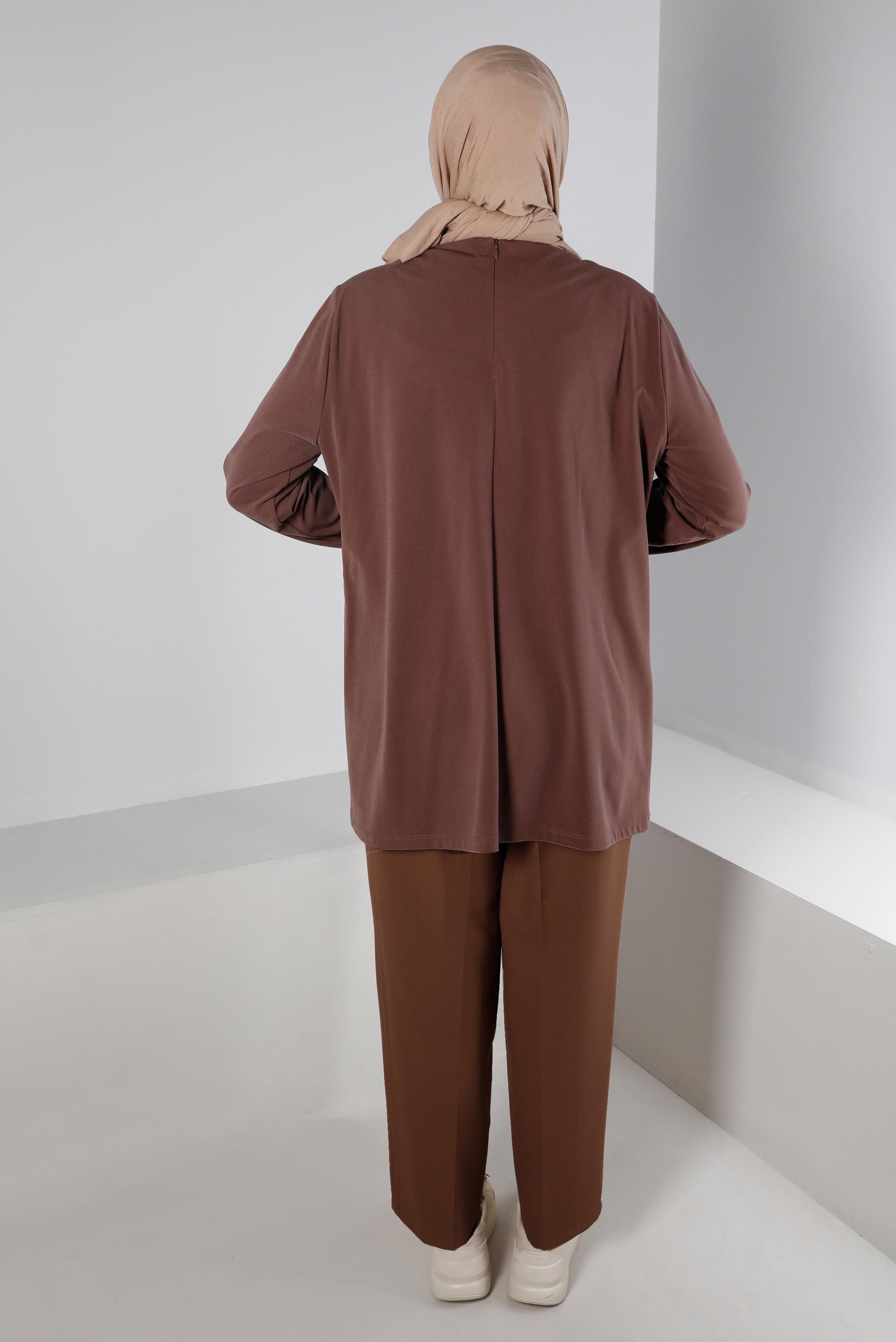 Tesettür giyim VİZON BELİ LASTİKLİ DÜZ KESİM PANTOLON 70453