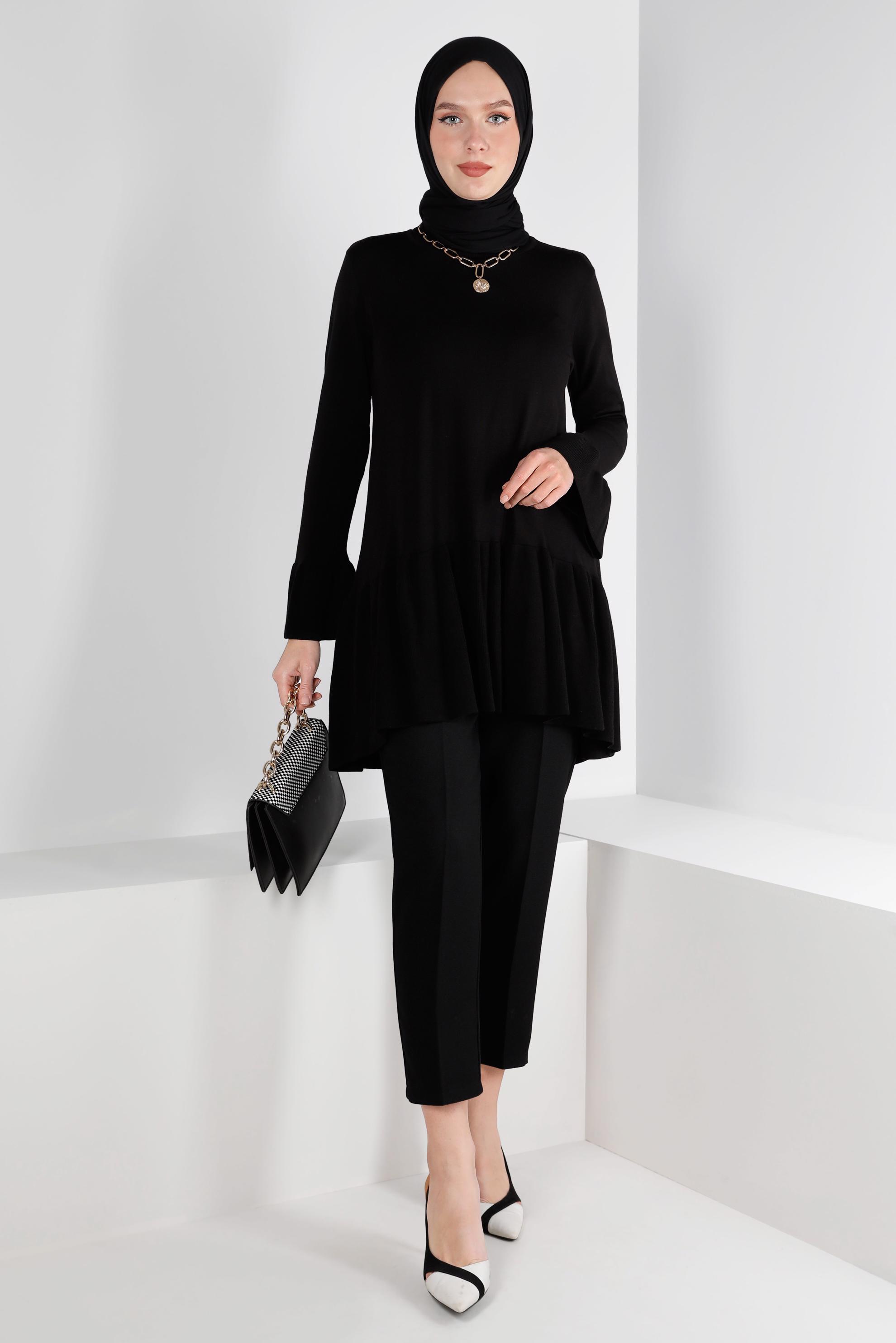 Tesettür giyim SİYAH BELİ LASTİKLİ KLASİK KESİM PANTOLON 70454 