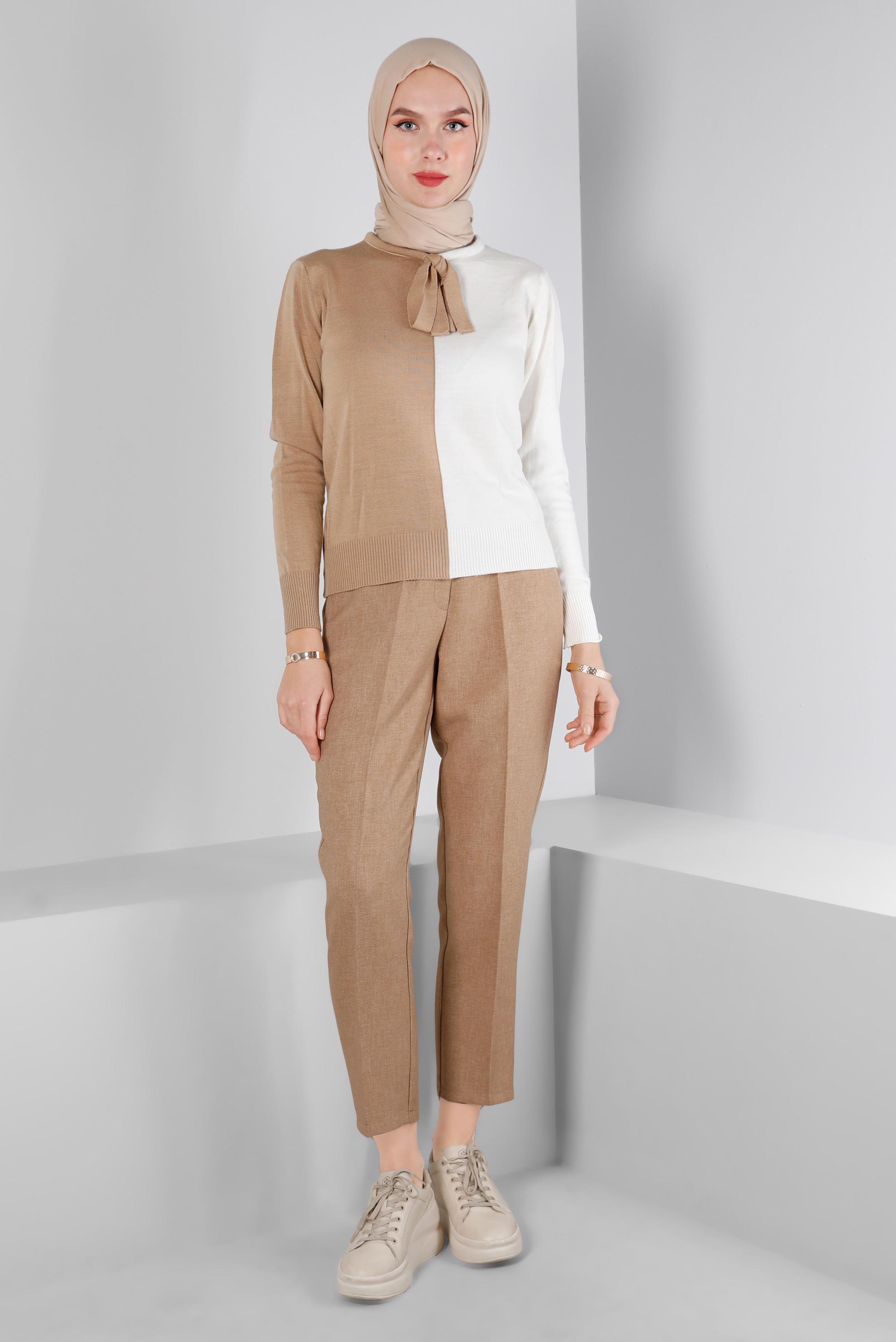 Tesettür giyim KAHVE BELİ LASTİKLİ KLASİK KESİM PANTOLON 70454 
