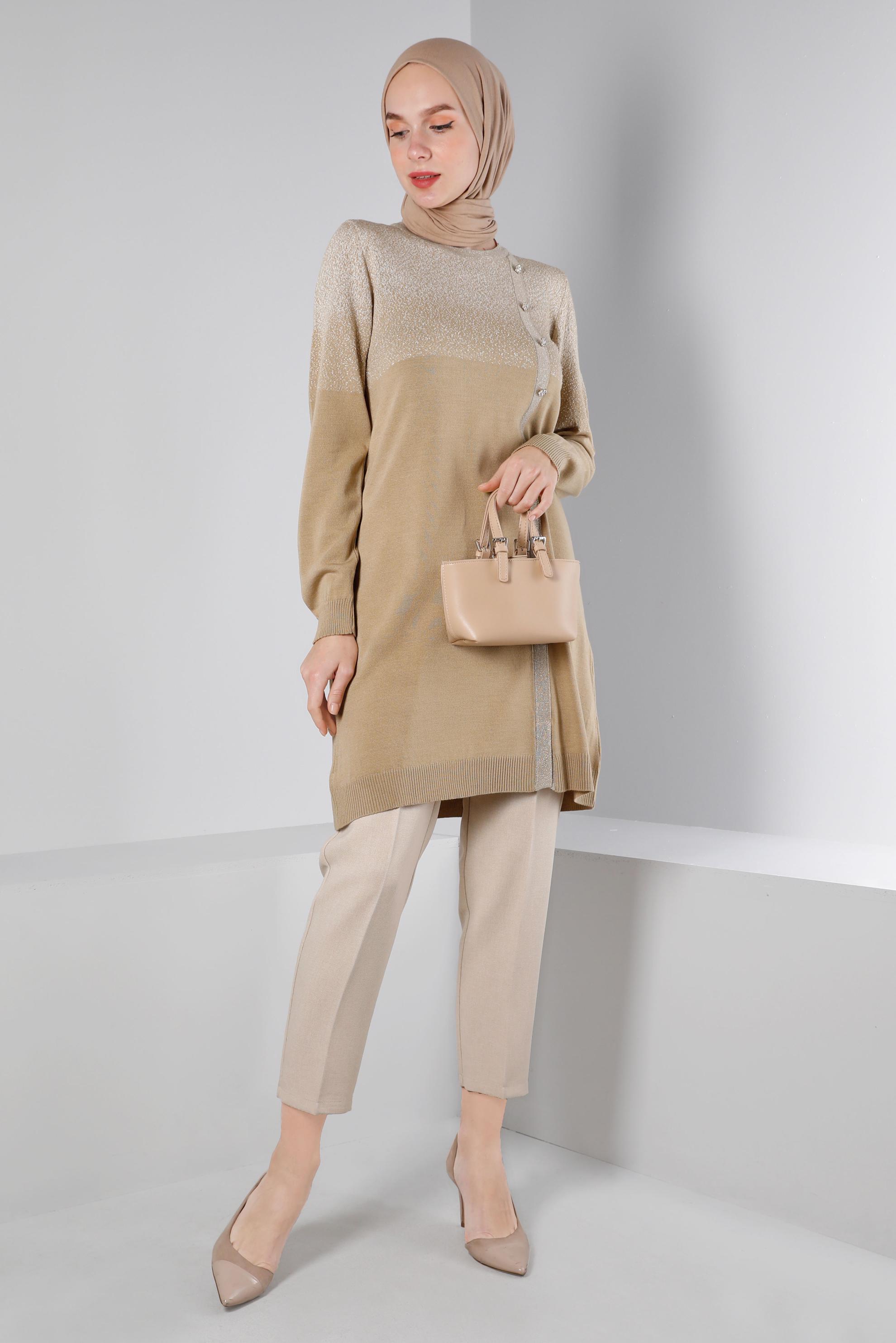 Tesettür giyim BEJ BELİ LASTİKLİ KLASİK KESİM PANTOLON 70454 