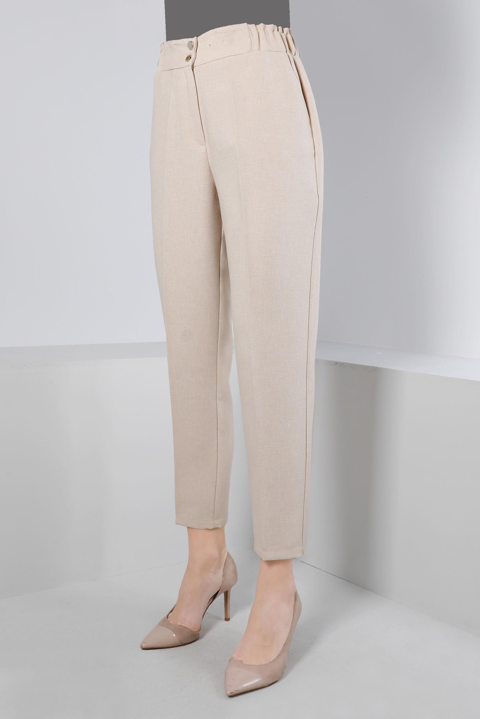 Tesettür giyim BEJ BELİ LASTİKLİ KLASİK KESİM PANTOLON 70454 