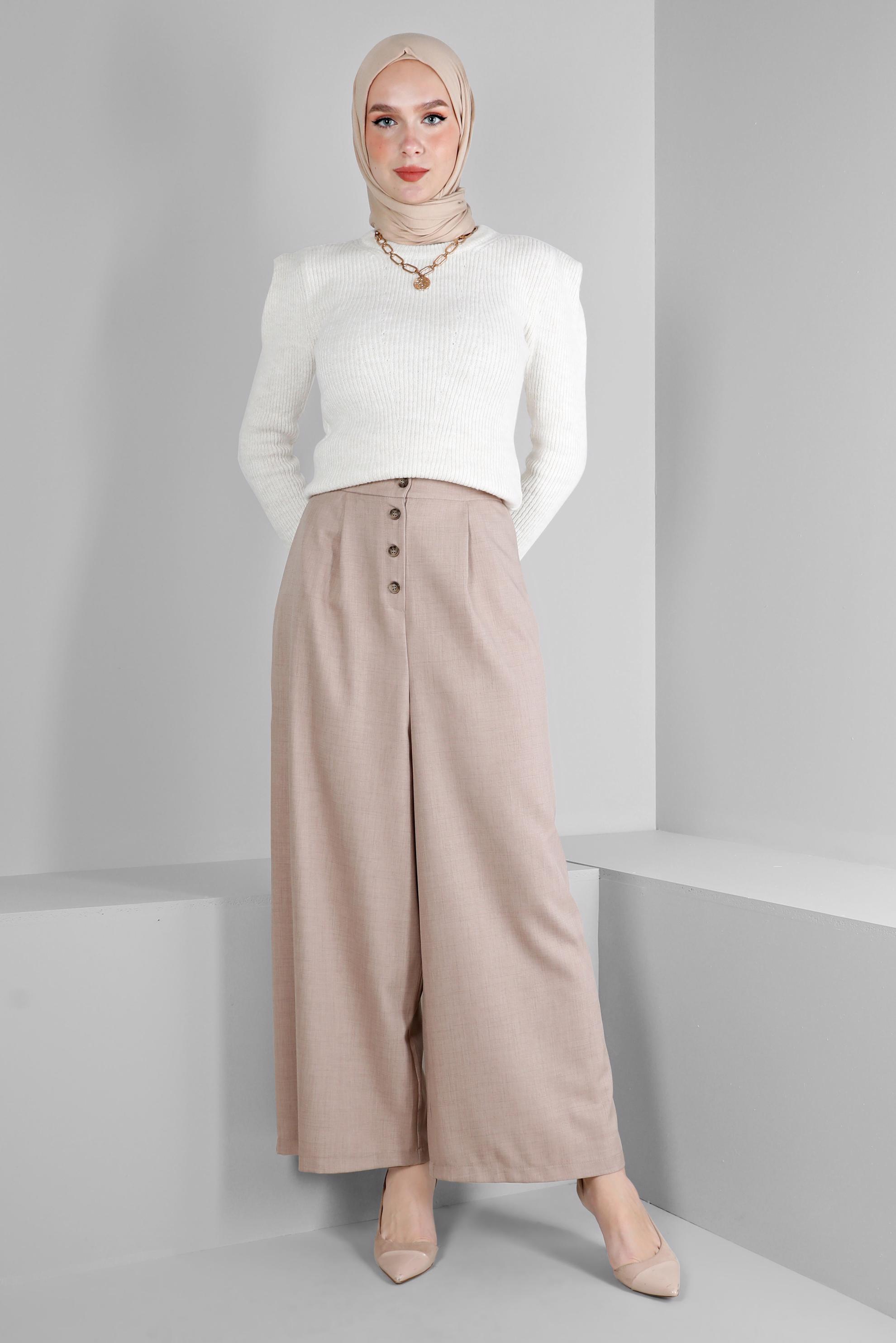 Tesettür giyim BEJ DÜĞMELİ BOL PAÇA PANTOLON 70457 