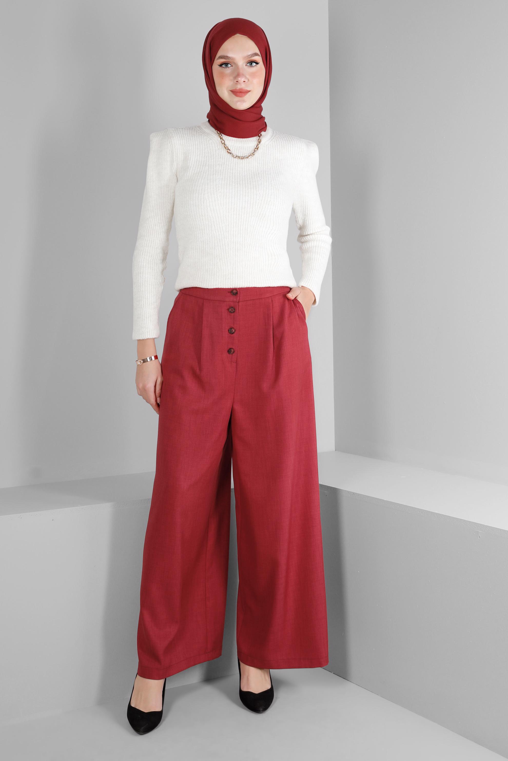 Tesettür giyim FUŞYA DÜĞMELİ BOL PAÇA PANTOLON 70457 