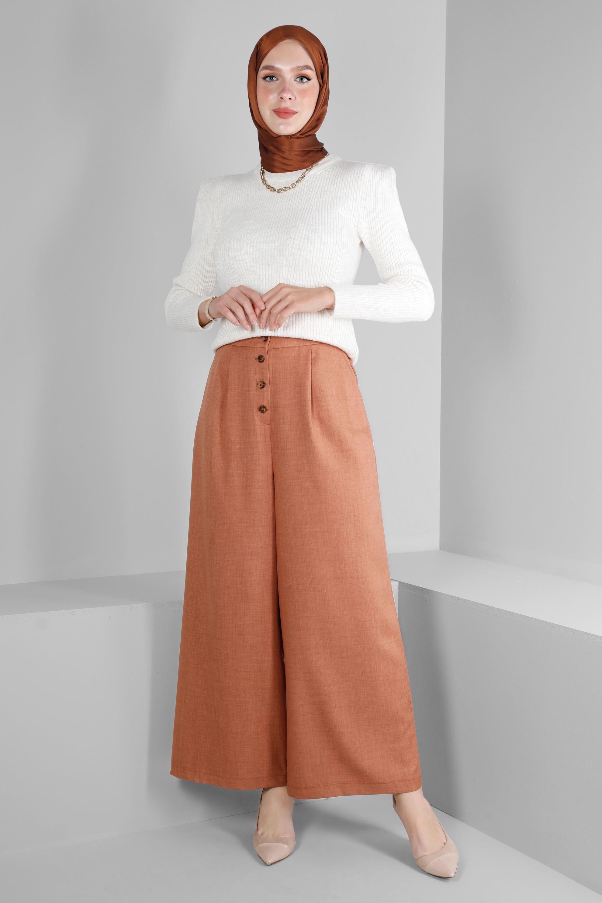 Tesettür giyim KAHVE DÜĞMELİ BOL PAÇA PANTOLON 70457 