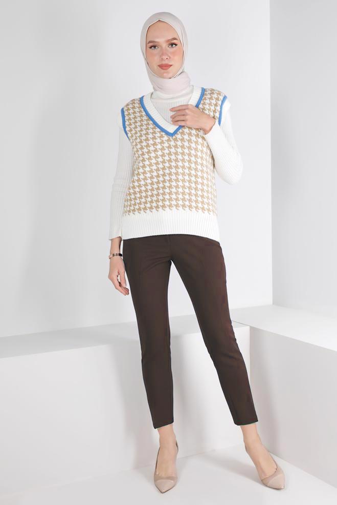 Tesettür giyim VİZON DÜĞMELİ KLASİK KESİM PANTOLON 70459 