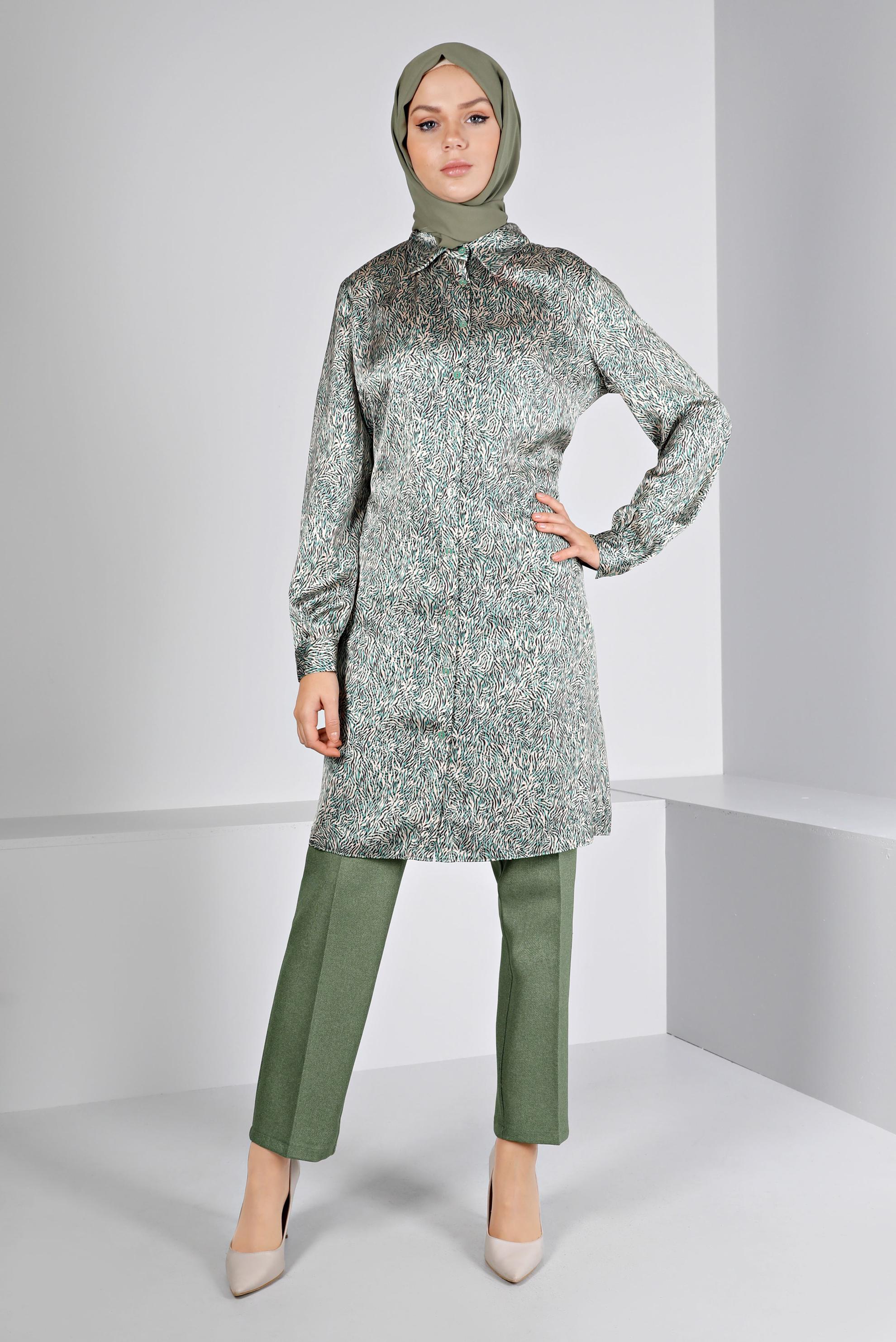 Tesettür giyim YEŞİL KLASİK KESİM DÜĞMELİ PANTOLON 70466