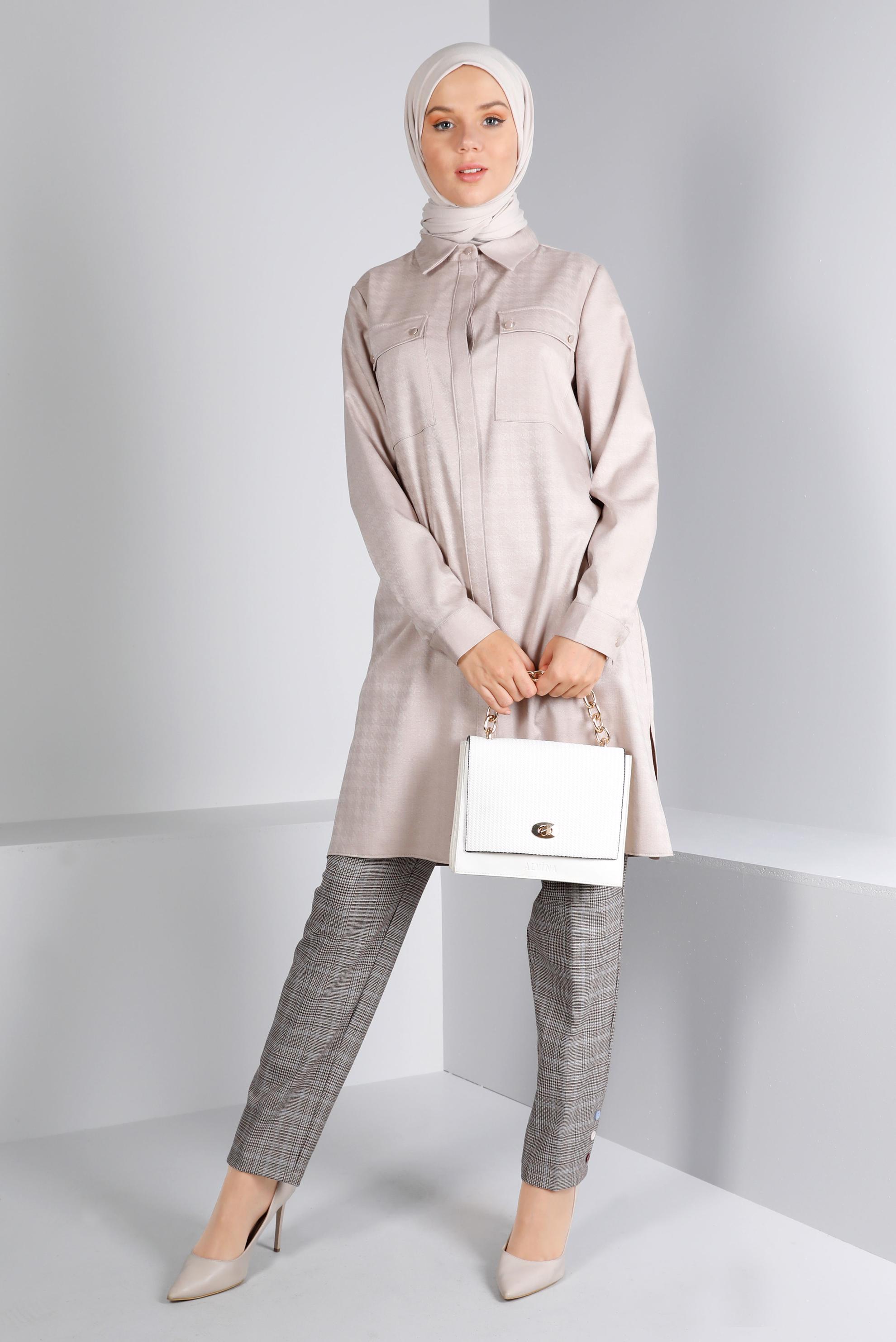 Tesettür giyim MAVİ DÜĞME DETAYLI EKOSE PANTOLON 70467 