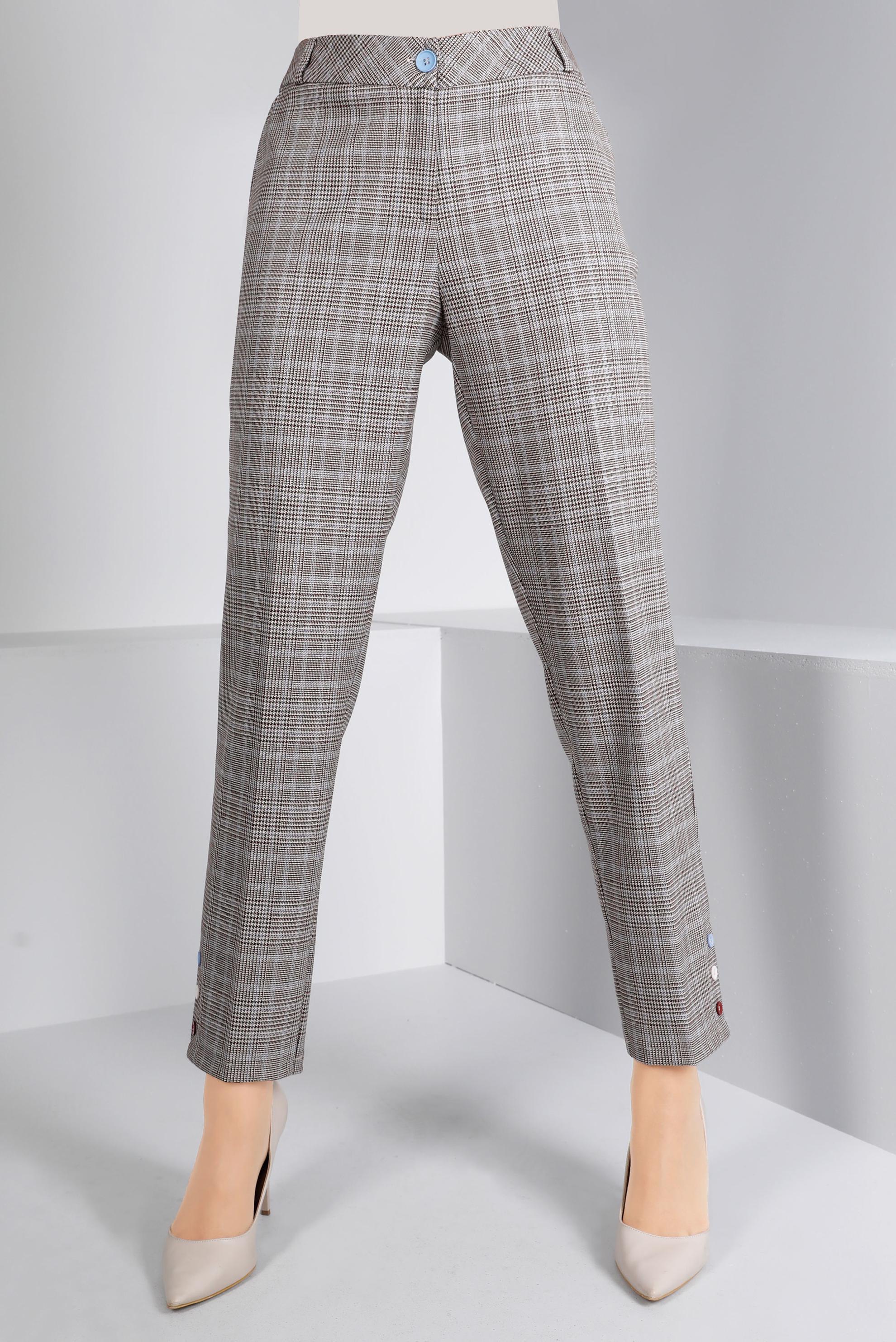 Tesettür giyim MAVİ DÜĞME DETAYLI EKOSE PANTOLON 70467 