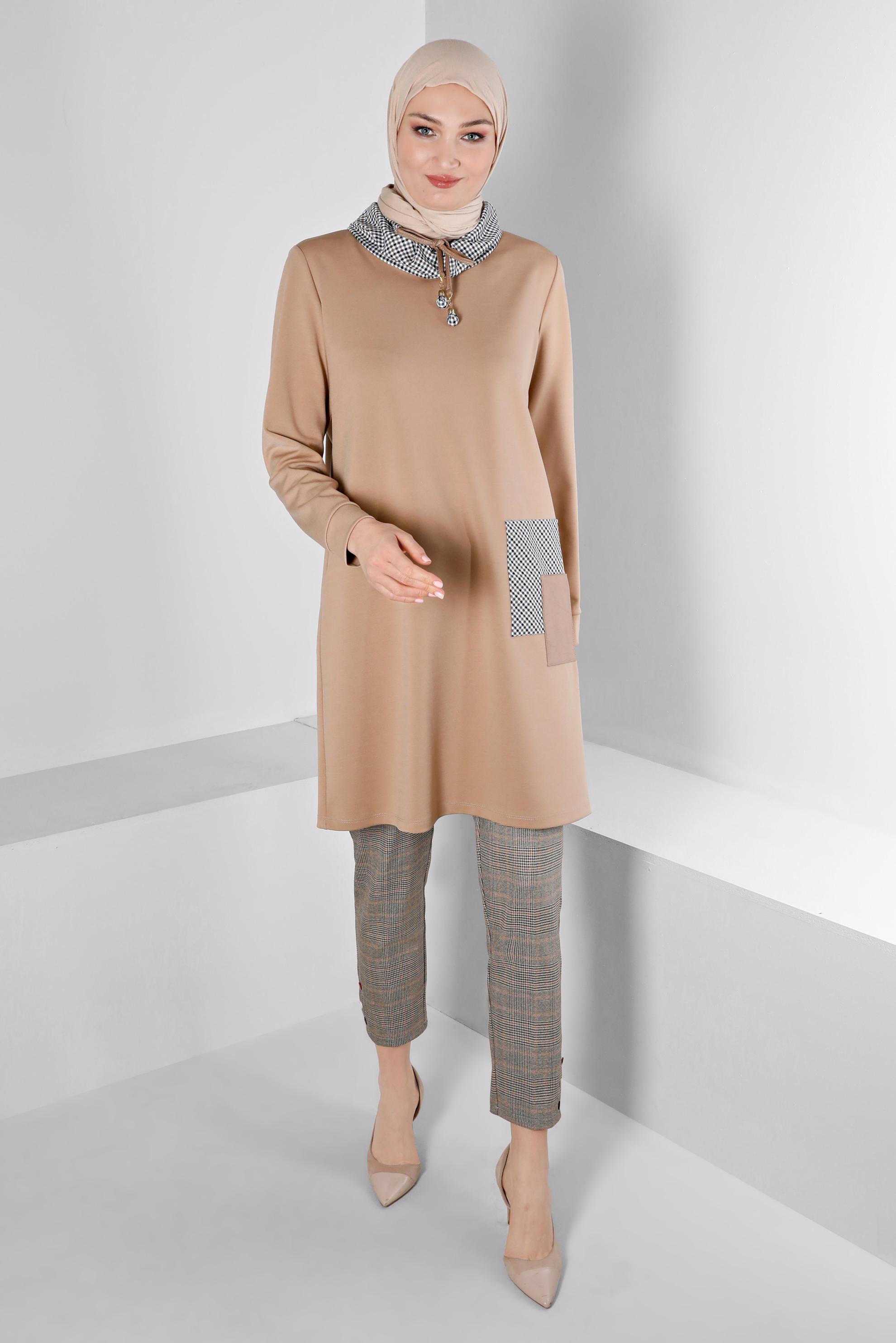 Tesettür giyim TURUNCU DÜĞME DETAYLI EKOSE PANTOLON 70467 