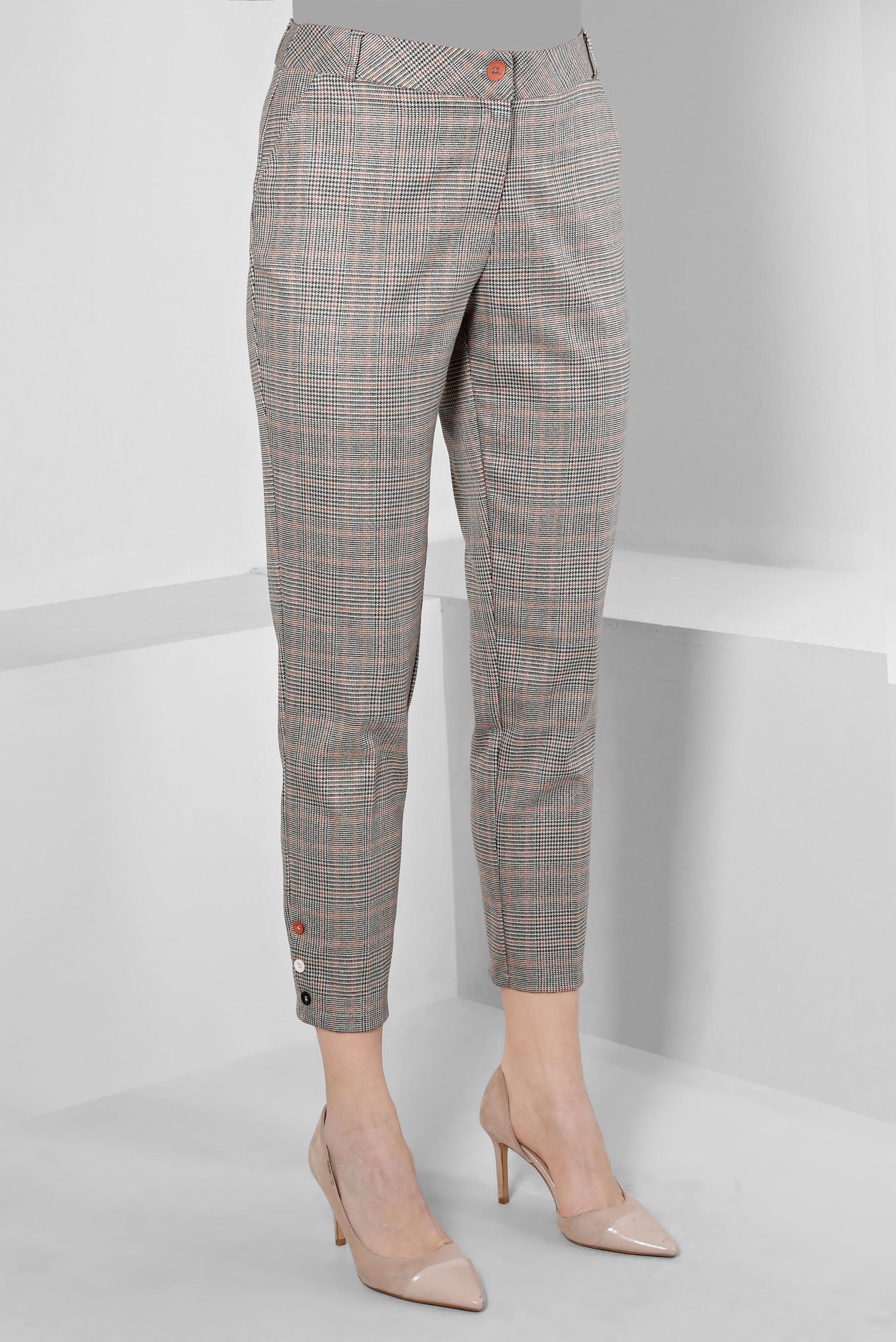 Tesettür giyim TURUNCU DÜĞME DETAYLI EKOSE PANTOLON 70467 