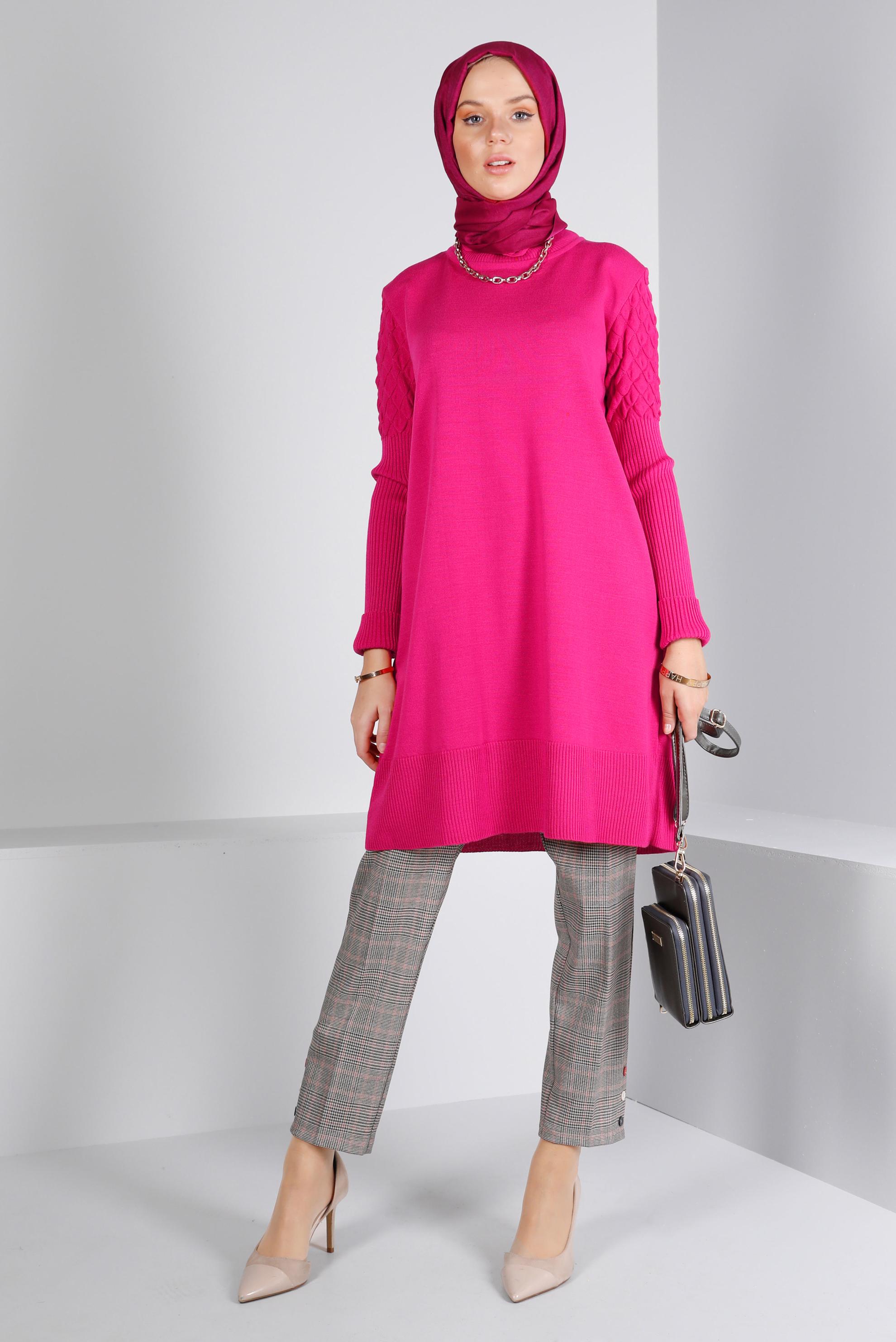 Tesettür giyim PEMBE DÜĞME DETAYLI EKOSE PANTOLON 70467 