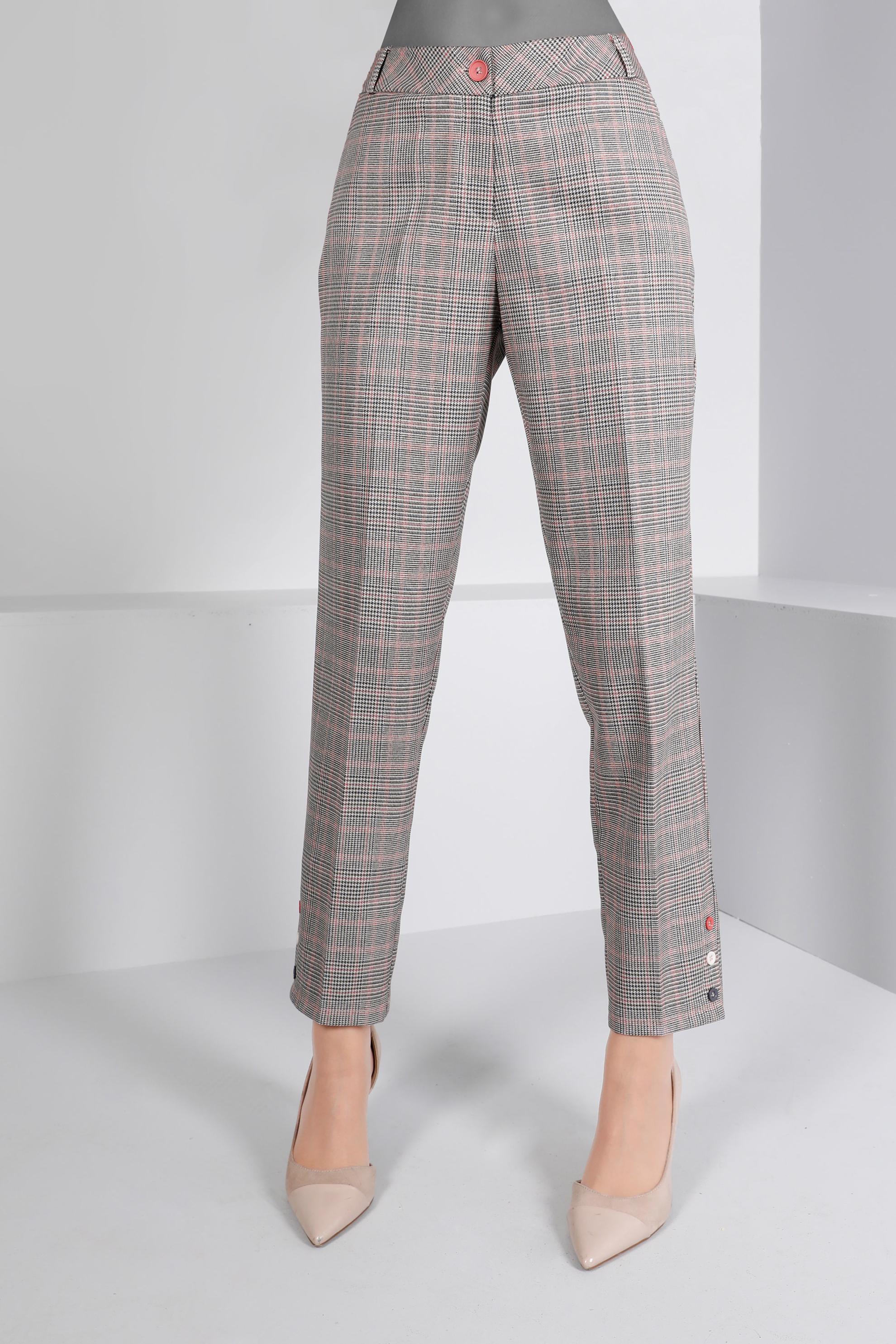 Tesettür giyim PEMBE DÜĞME DETAYLI EKOSE PANTOLON 70467 