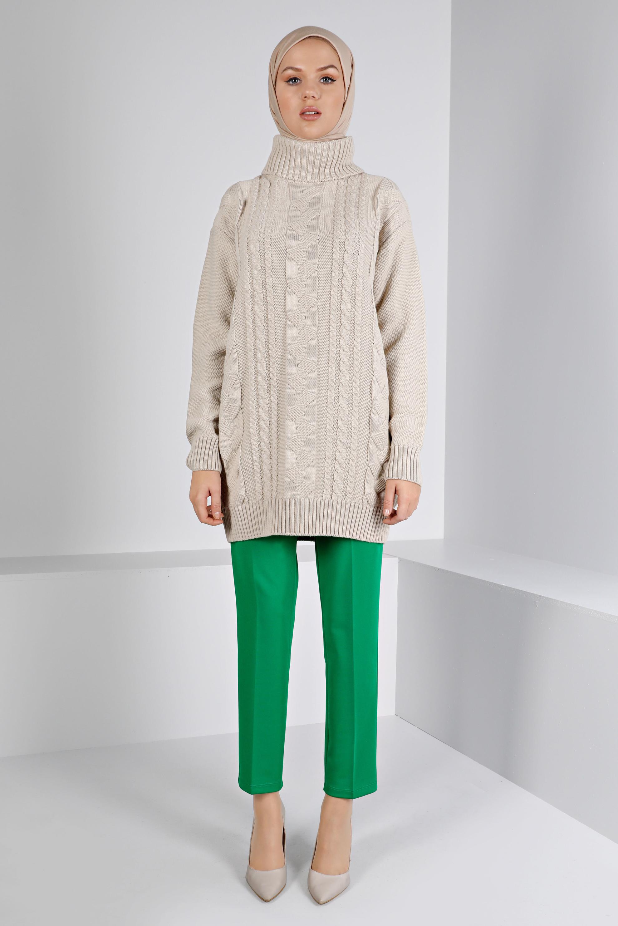 Tesettür giyim YEŞİL BELİ LASTİKLİ DAR PAÇA PANTOLON 70469