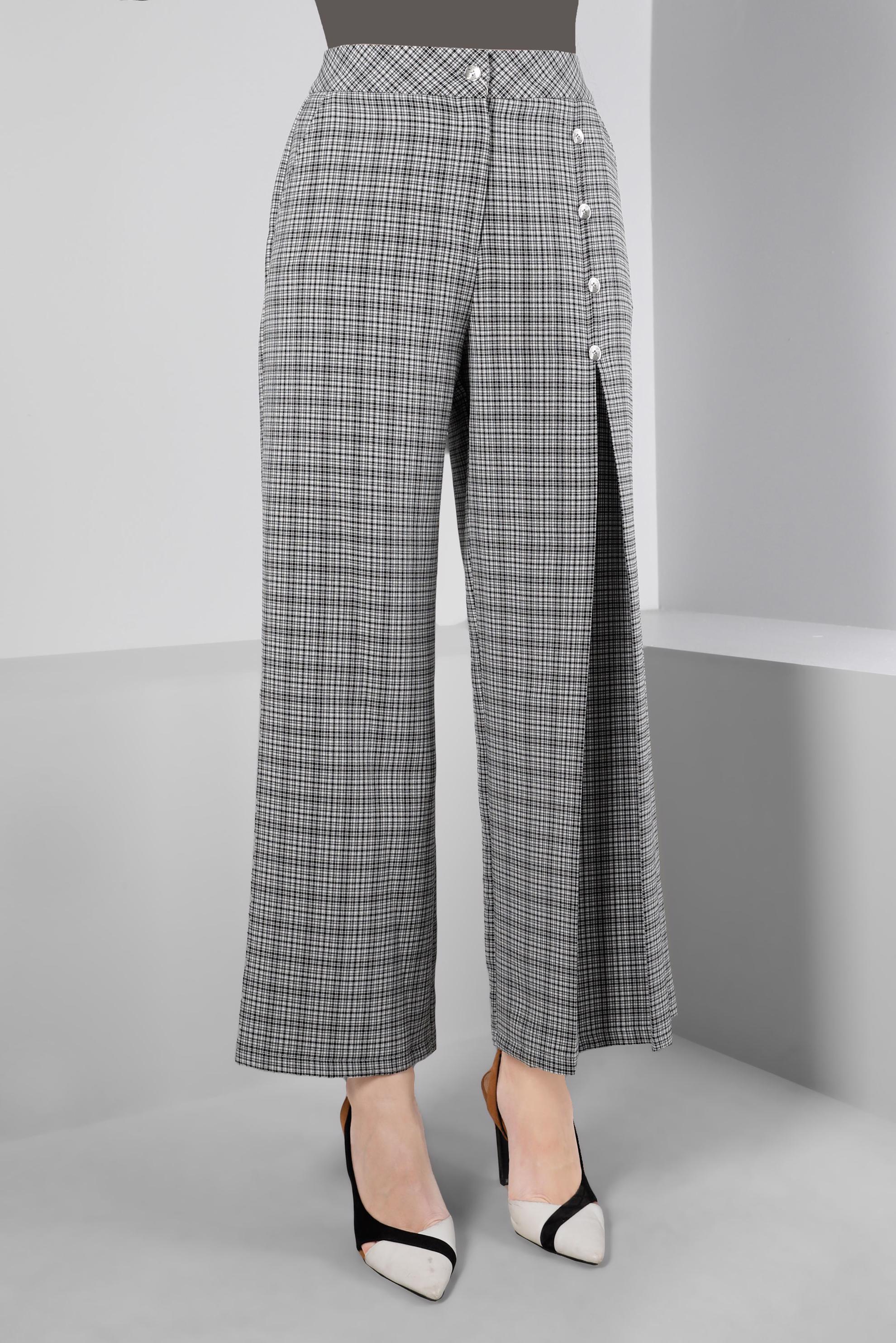 Tesettür giyim SİYAH PİLE DETAYLI EKOSE PANTOLON 70474