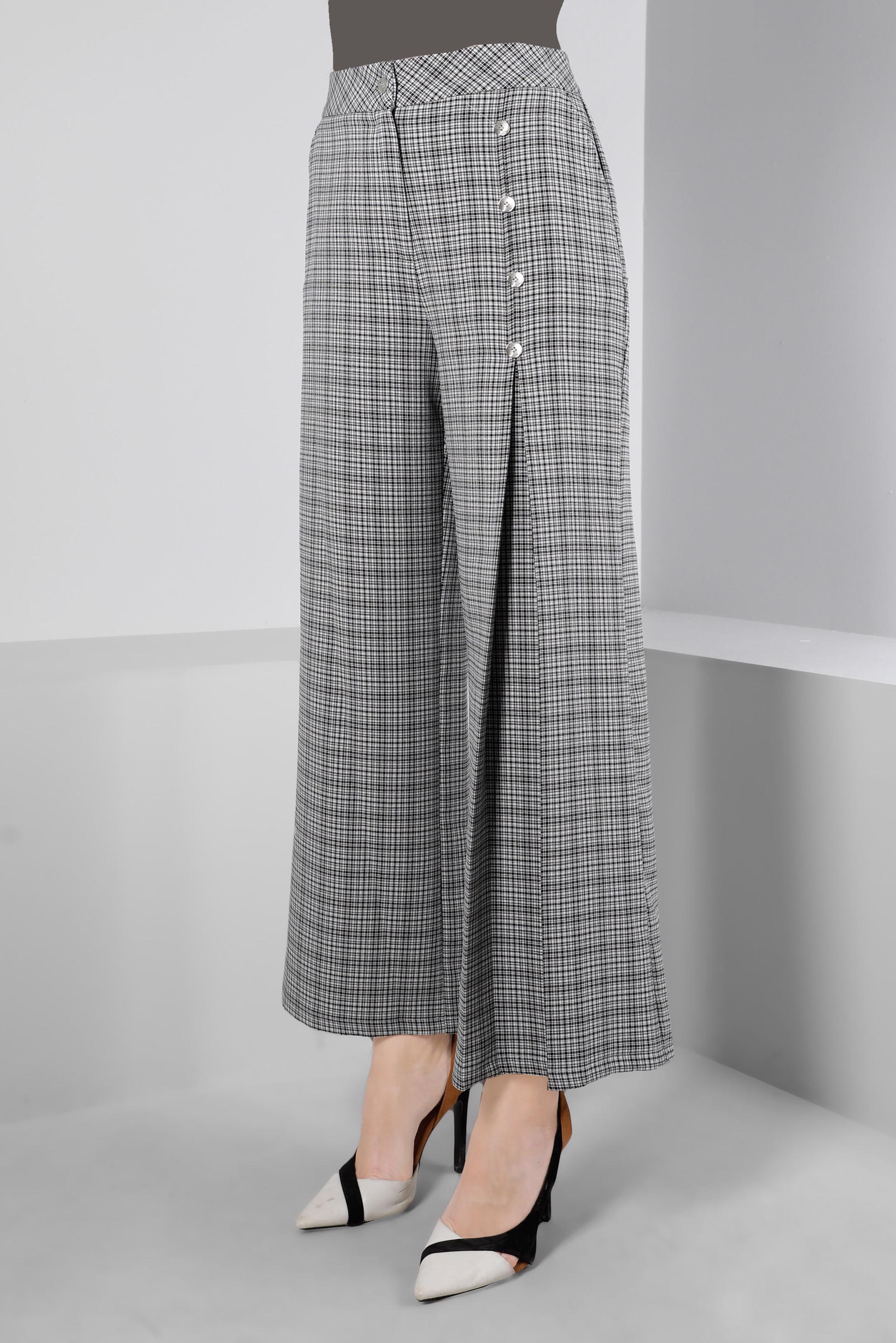 Tesettür giyim SİYAH PİLE DETAYLI EKOSE PANTOLON 70474