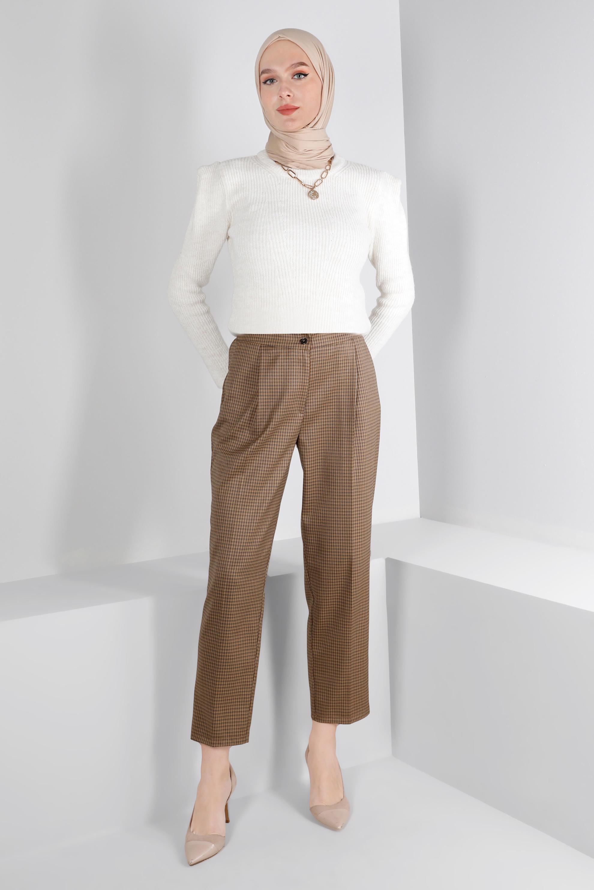 Tesettür giyim KAHVE EKOSE FERMUARLI PANTOLON 70475