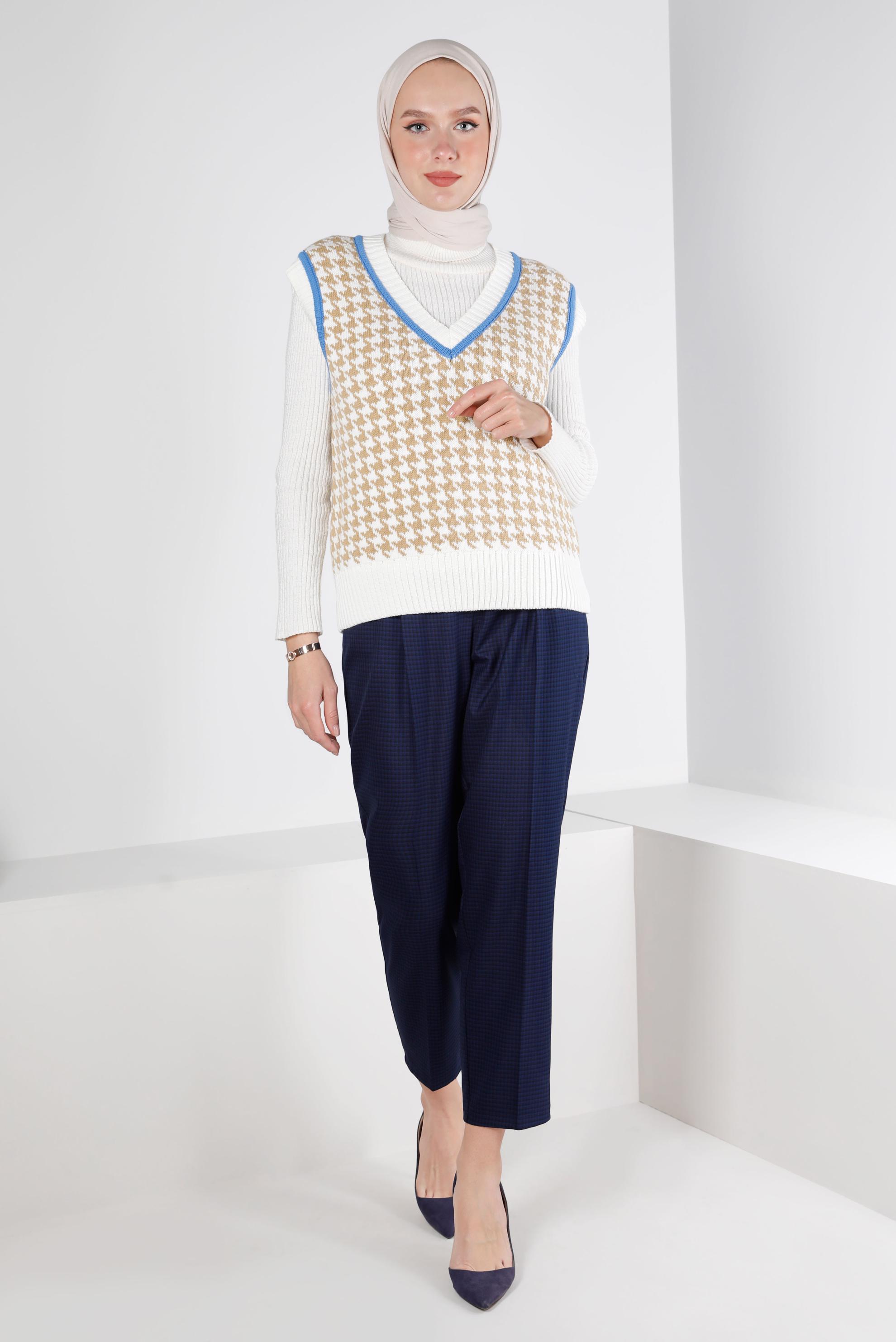 Tesettür giyim LACİVERT EKOSE FERMUARLI PANTOLON 70475