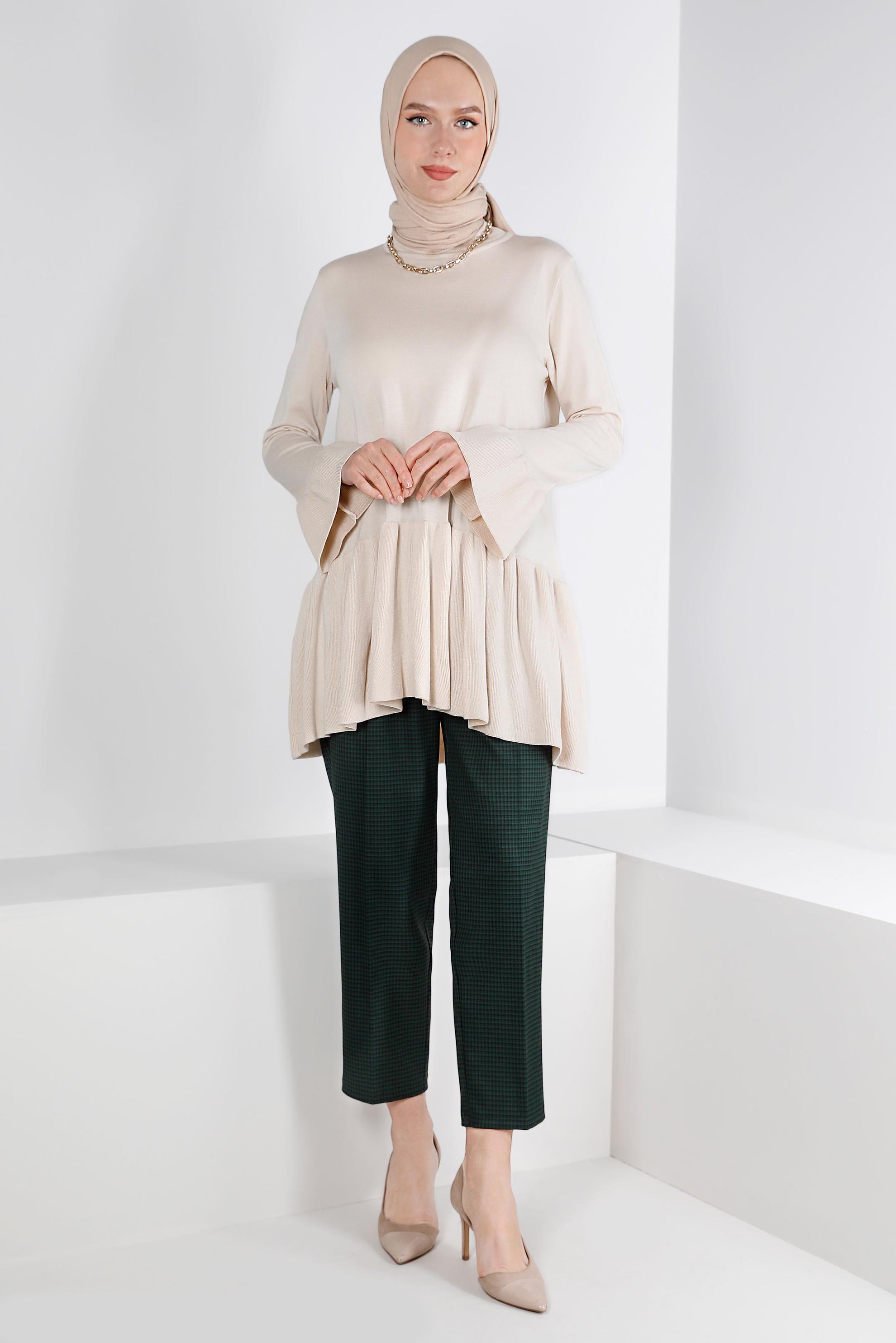 Tesettür giyim YEŞİL EKOSE FERMUARLI PANTOLON 70475