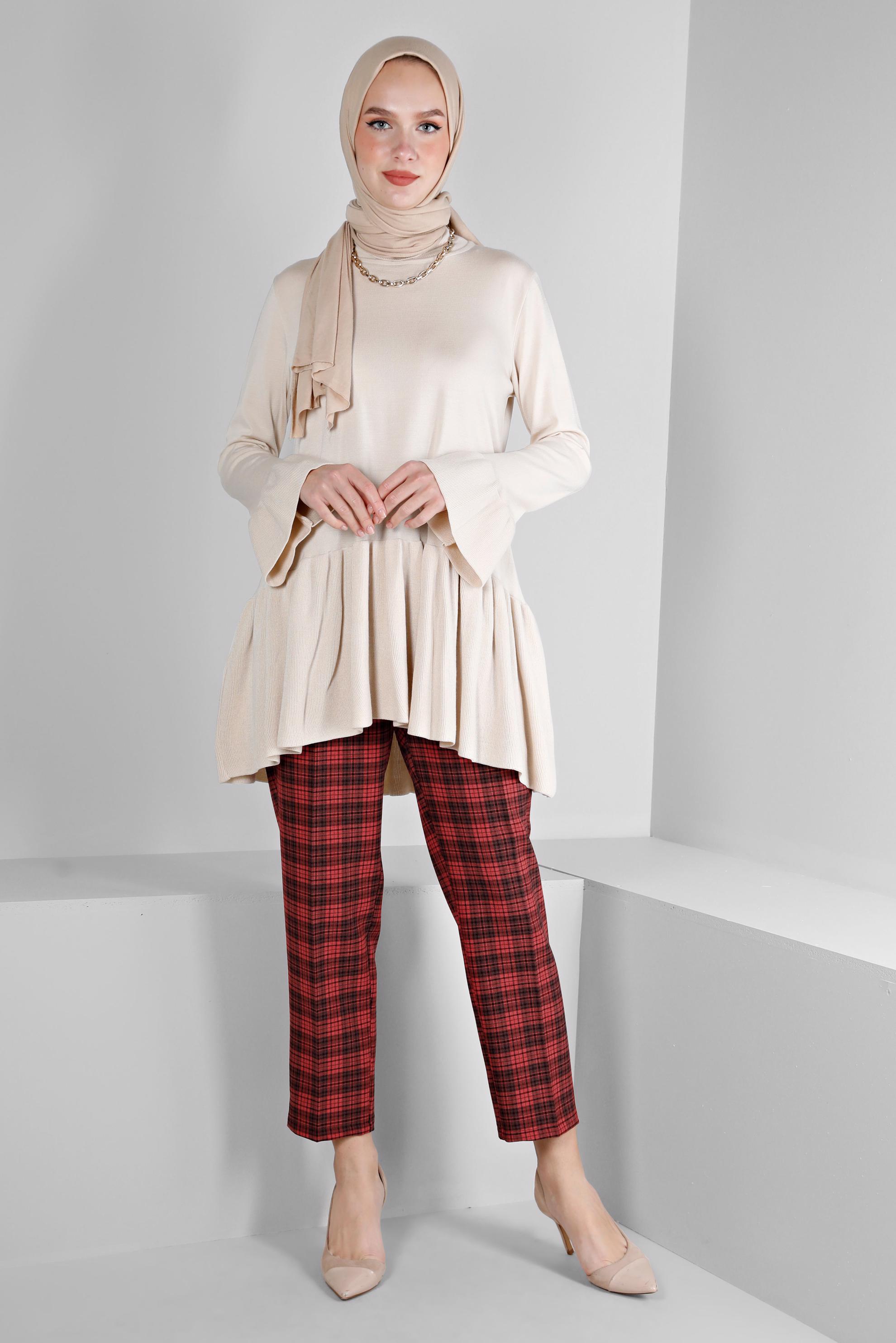 Tesettür giyim KIRMIZI EKOSE DESENLİ PANTOLON 70476